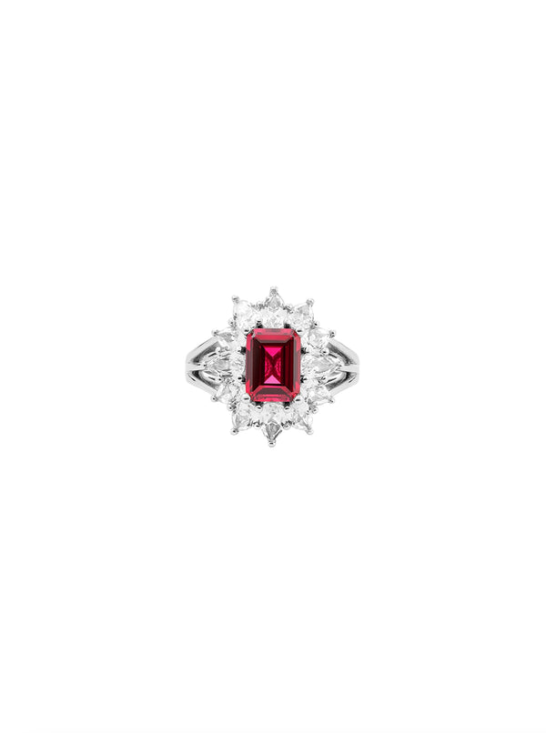 BENSON, LAB-GROWN RED SAPPHIRE PINKY RING, SILVER
