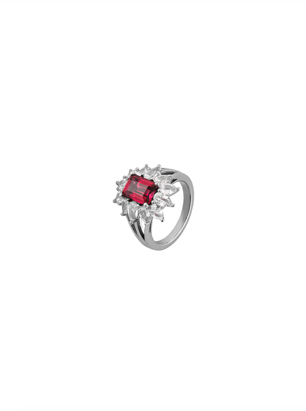 BENSON, LAB-GROWN RED SAPPHIRE PINKY RING, SILVER