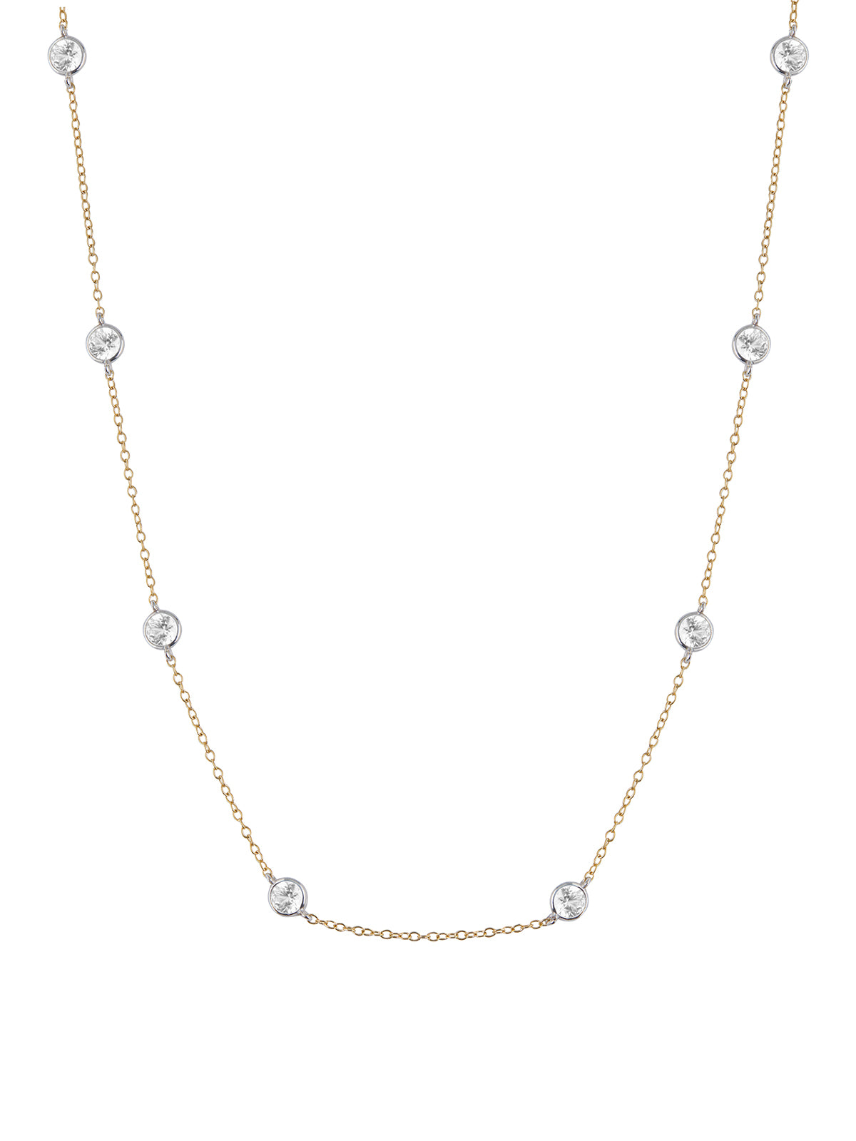 CLEMENCE, LAB WHITE SAPPHIRE 8 STONE TWO-TONE STRAND NECKLACE, GOLD AND SILVER