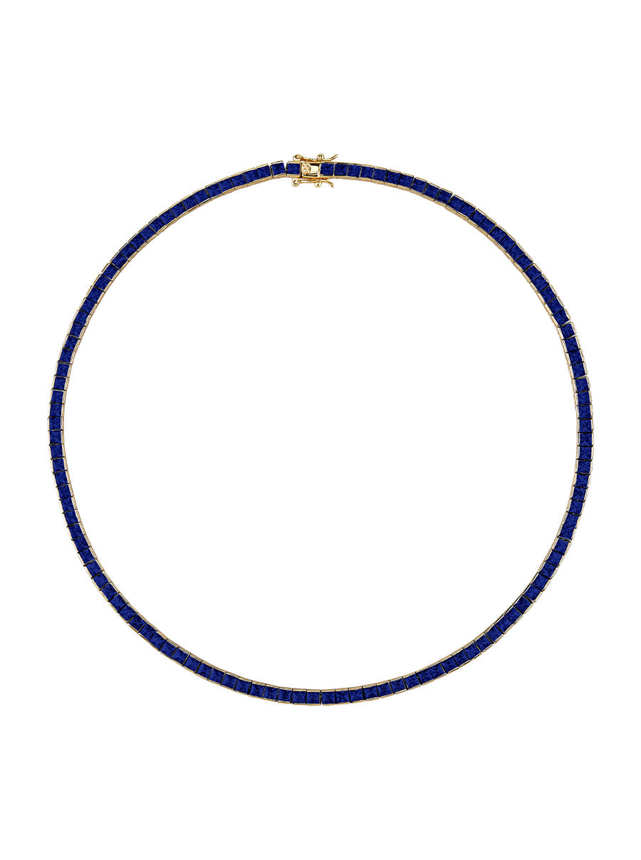 CUSTOM DORSEY PRINCESS CUT, LAB BLUE SAPPHIRE RIVIÈRE NECKLACE 