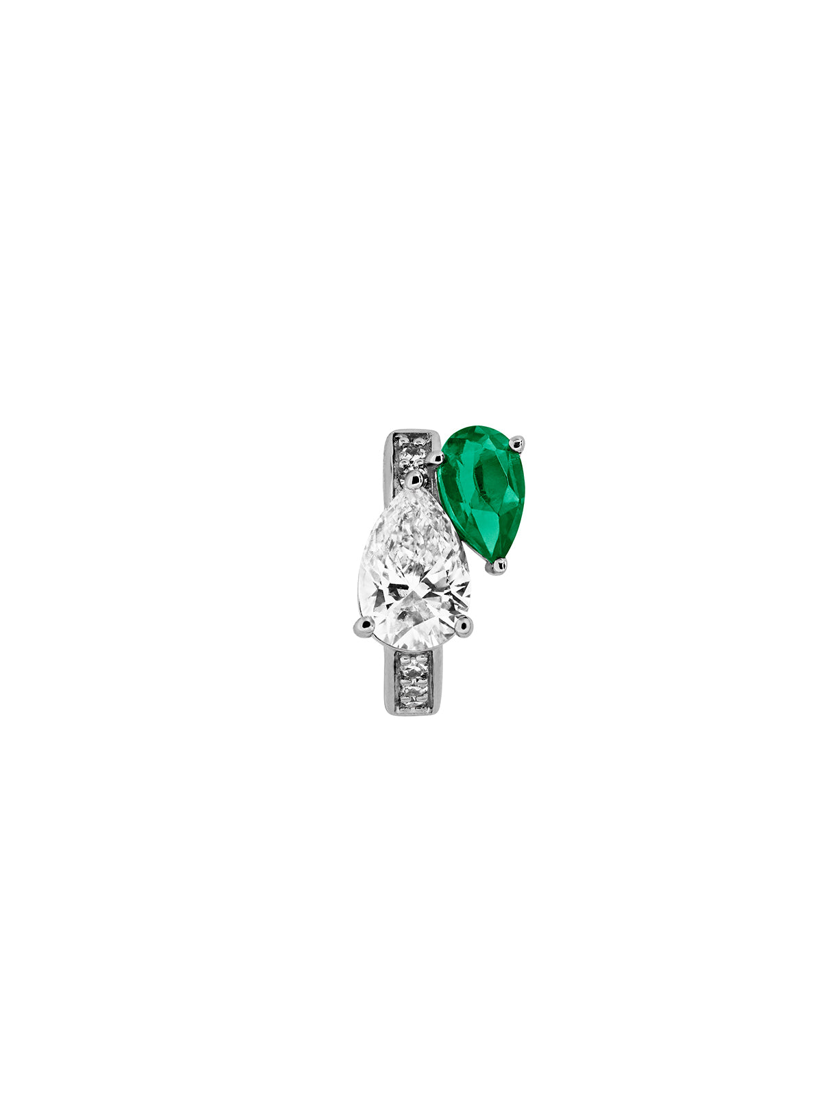 14K WHITE GOLD PEAR LAB DIAMOND AND PETITE LAB EMERALD HUGGIE