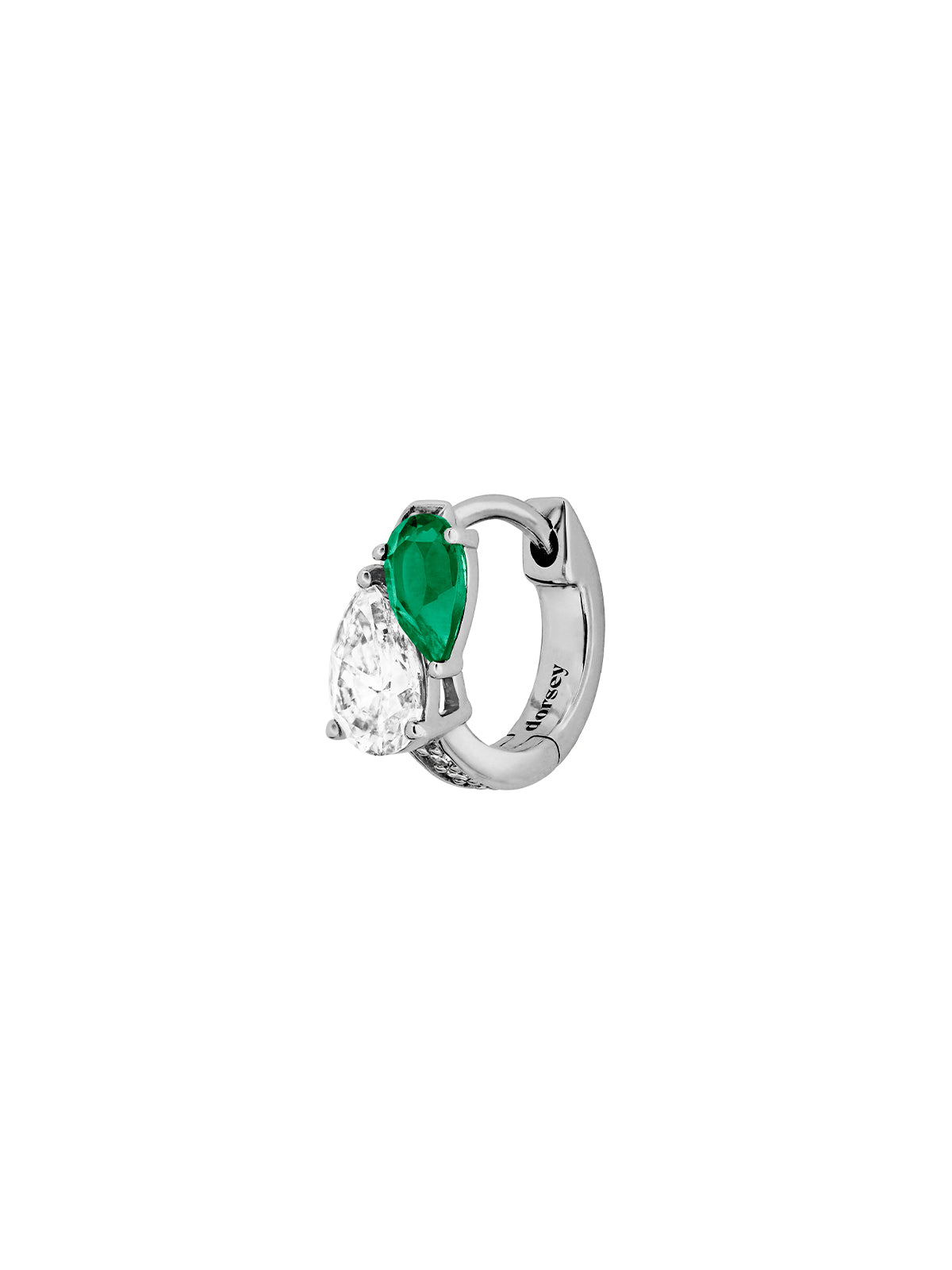14K WHITE GOLD PEAR LAB DIAMOND AND PETITE LAB EMERALD HUGGIE