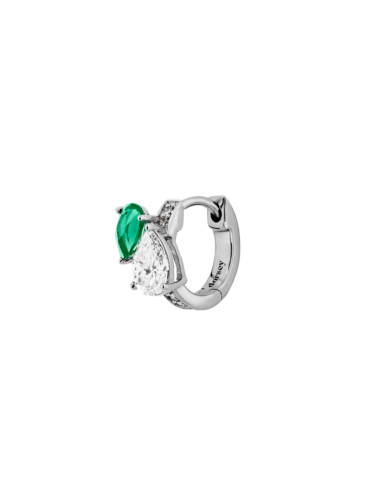 14K WHITE GOLD PEAR LAB DIAMOND AND PETITE LAB EMERALD HUGGIE