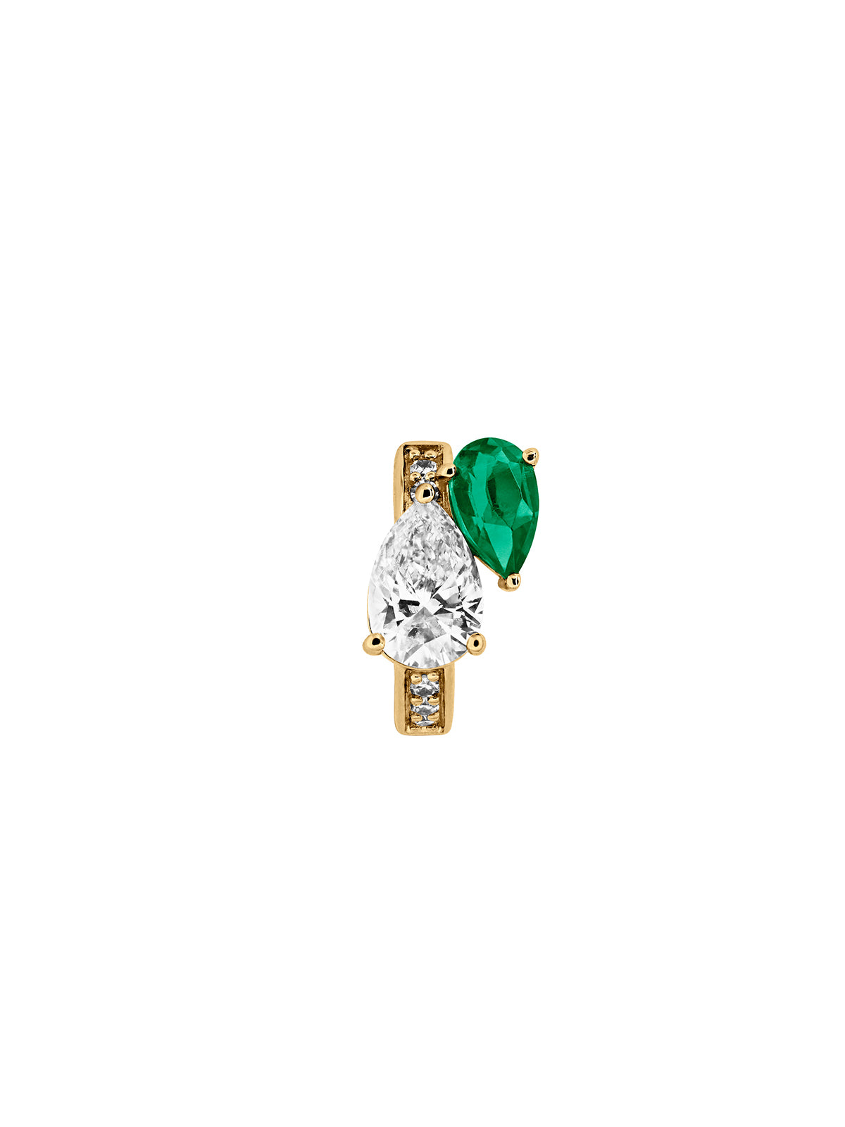 14K YELLOW GOLD PEAR LAB DIAMOND AND PETITE LAB EMERALD HUGGIE