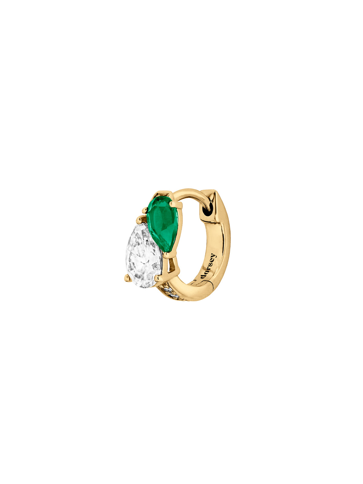 14K YELLOW GOLD PEAR LAB DIAMOND AND PETITE LAB EMERALD HUGGIE