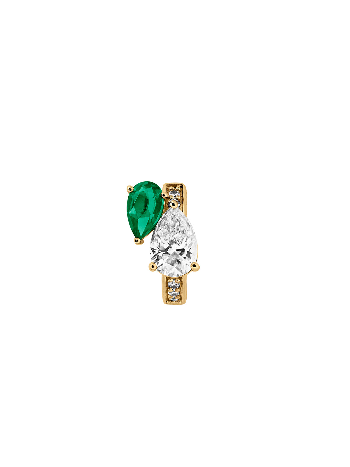 14K YELLOW GOLD PEAR LAB DIAMOND AND PETITE LAB EMERALD HUGGIE