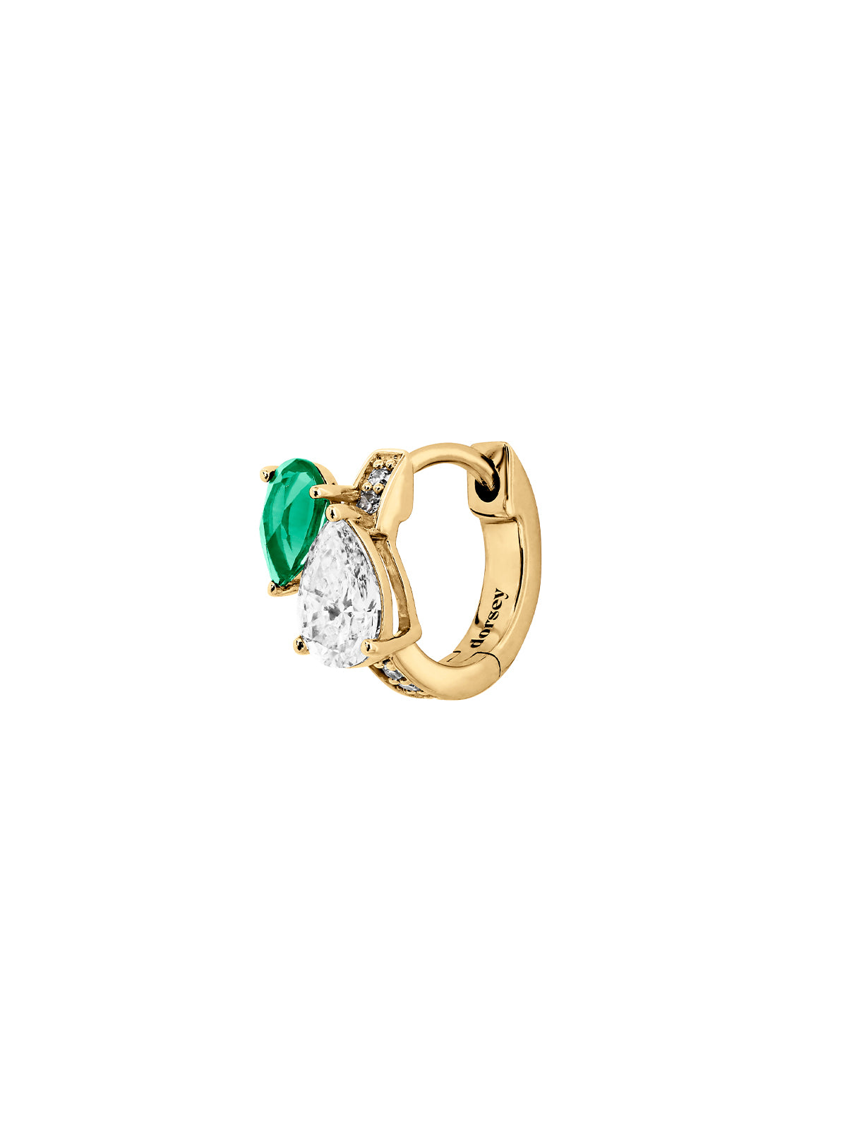 14K YELLOW GOLD PEAR LAB DIAMOND AND PETITE LAB EMERALD HUGGIE