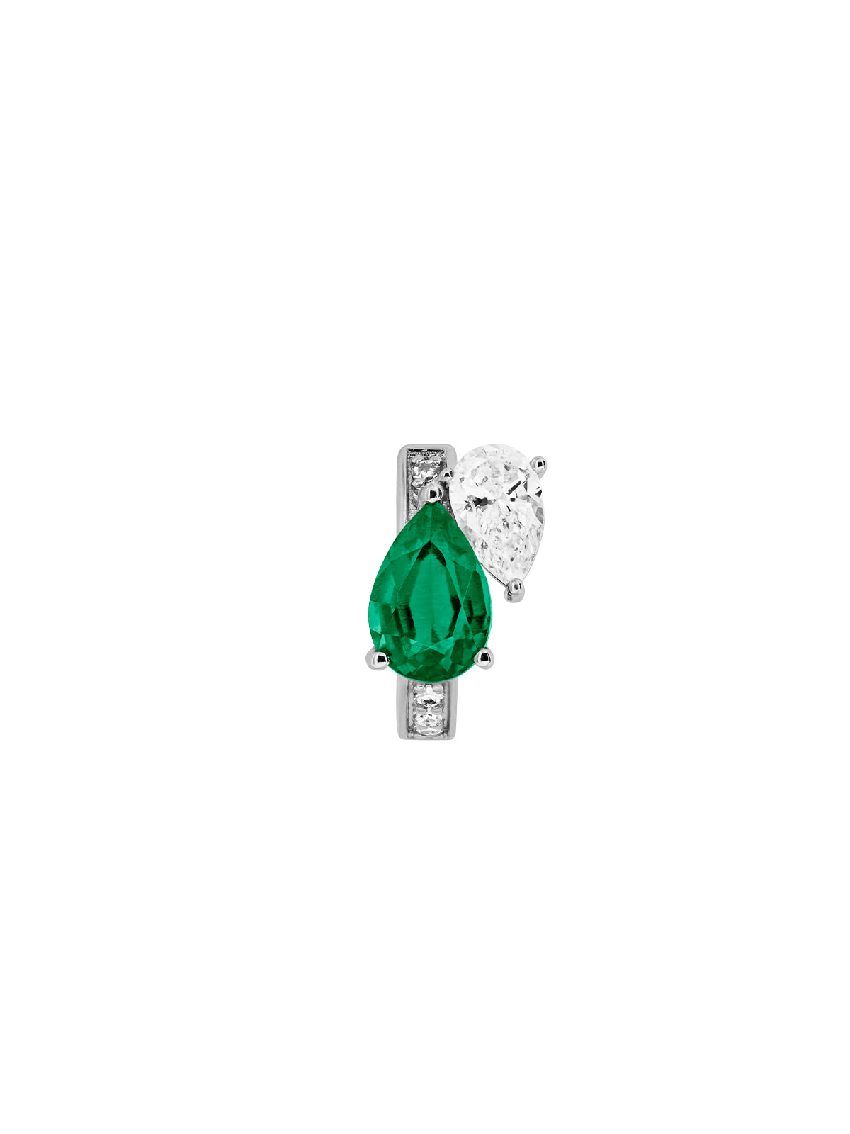 14K WHITE GOLD PEAR LAB EMERALD AND PETITE LAB DIAMOND HUGGIE