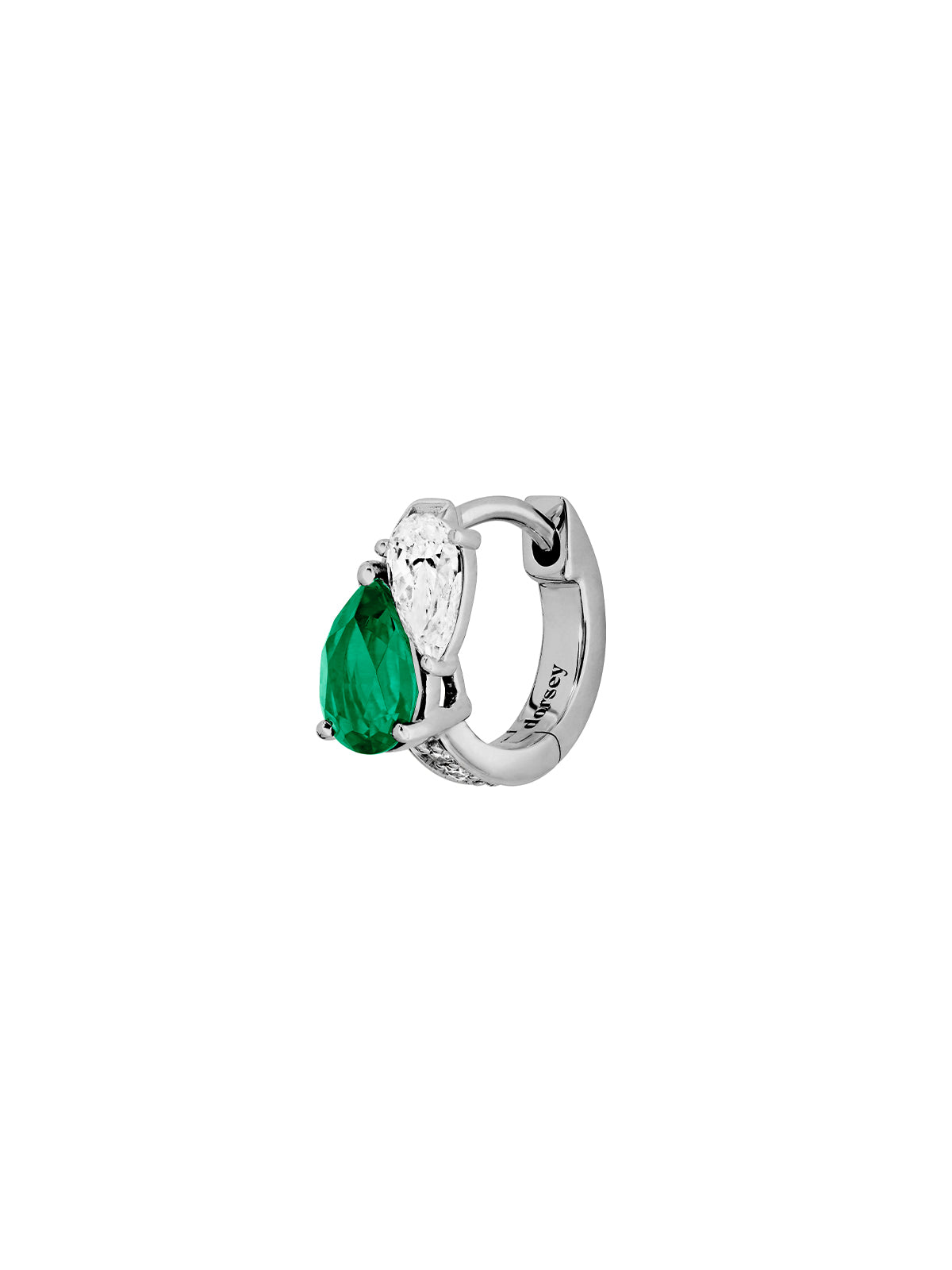 14K WHITE GOLD PEAR LAB EMERALD AND PETITE LAB DIAMOND HUGGIE