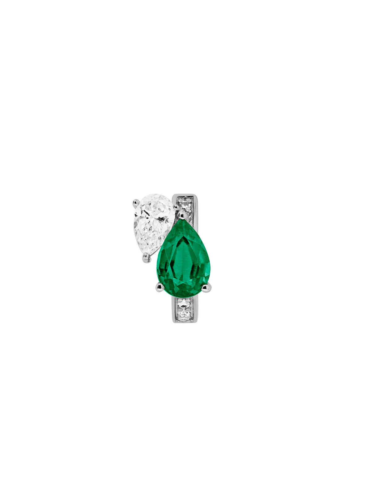 14K WHITE GOLD PEAR LAB EMERALD AND PETITE LAB DIAMOND HUGGIE