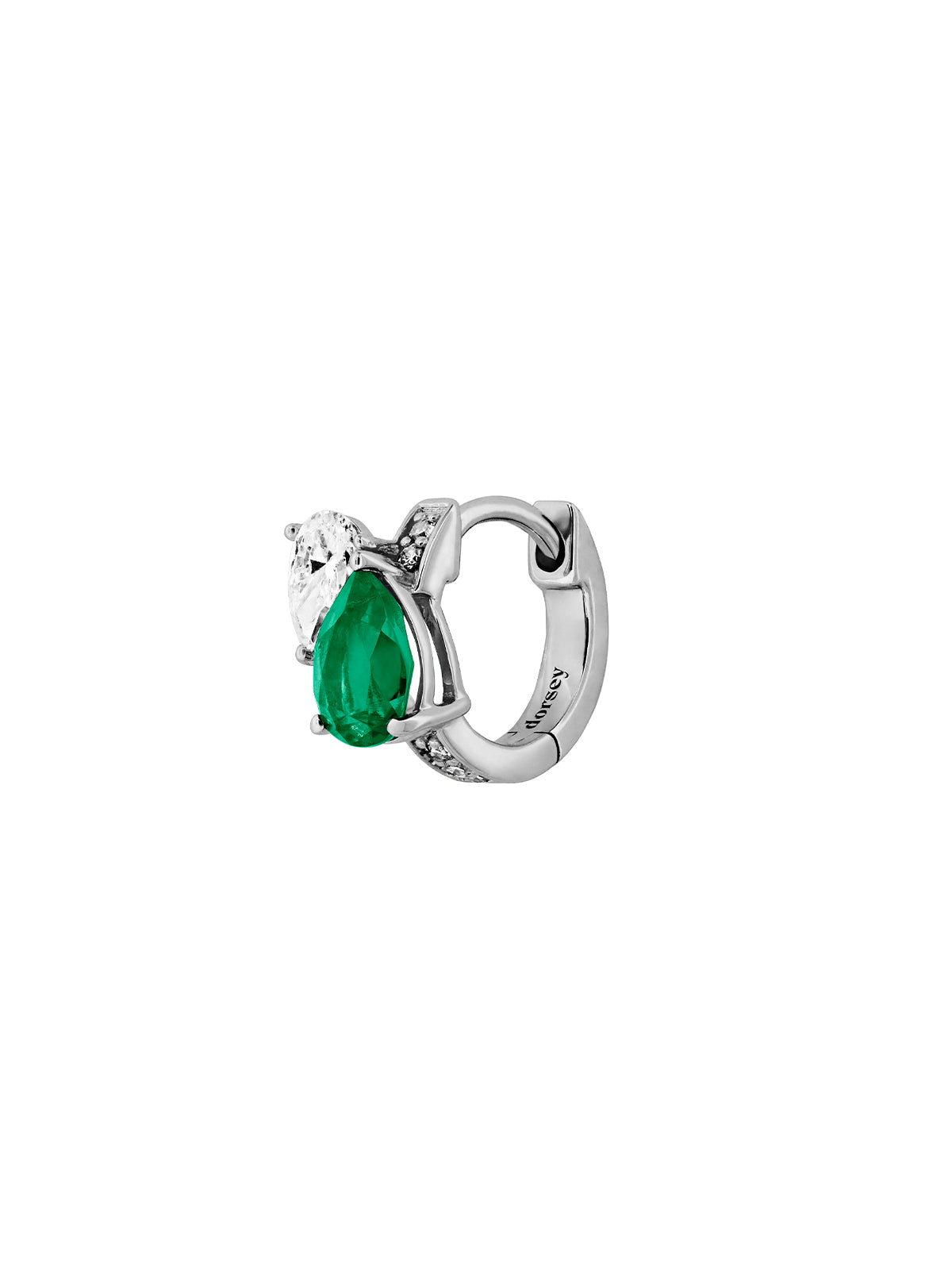 14K WHITE GOLD PEAR LAB EMERALD AND PETITE LAB DIAMOND HUGGIE