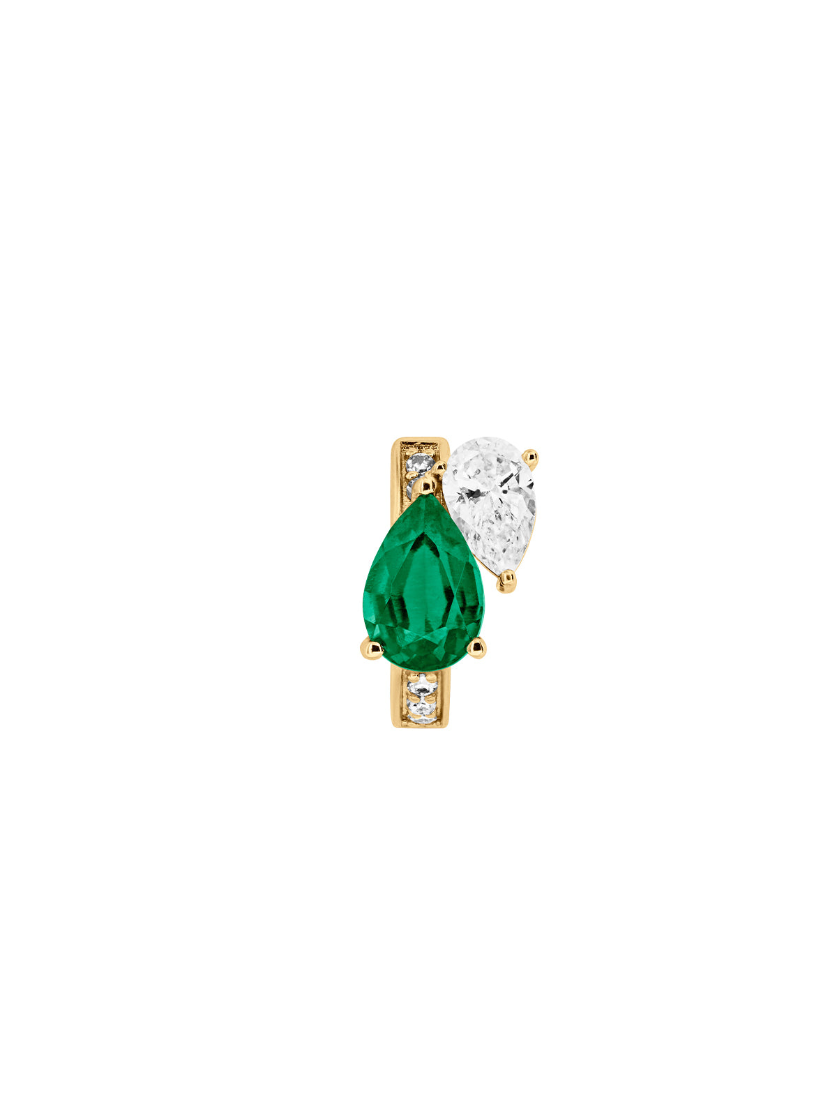 14K YELLOW GOLD PEAR LAB EMERALD AND PETITE LAB DIAMOND HUGGIE