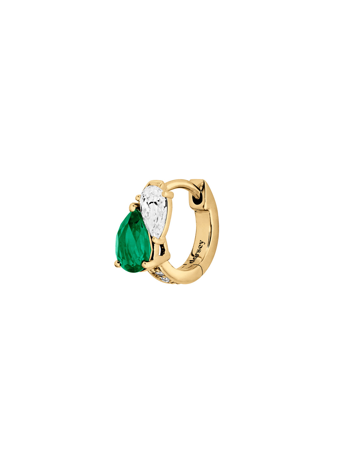 14K YELLOW GOLD PEAR LAB EMERALD AND PETITE LAB DIAMOND HUGGIE