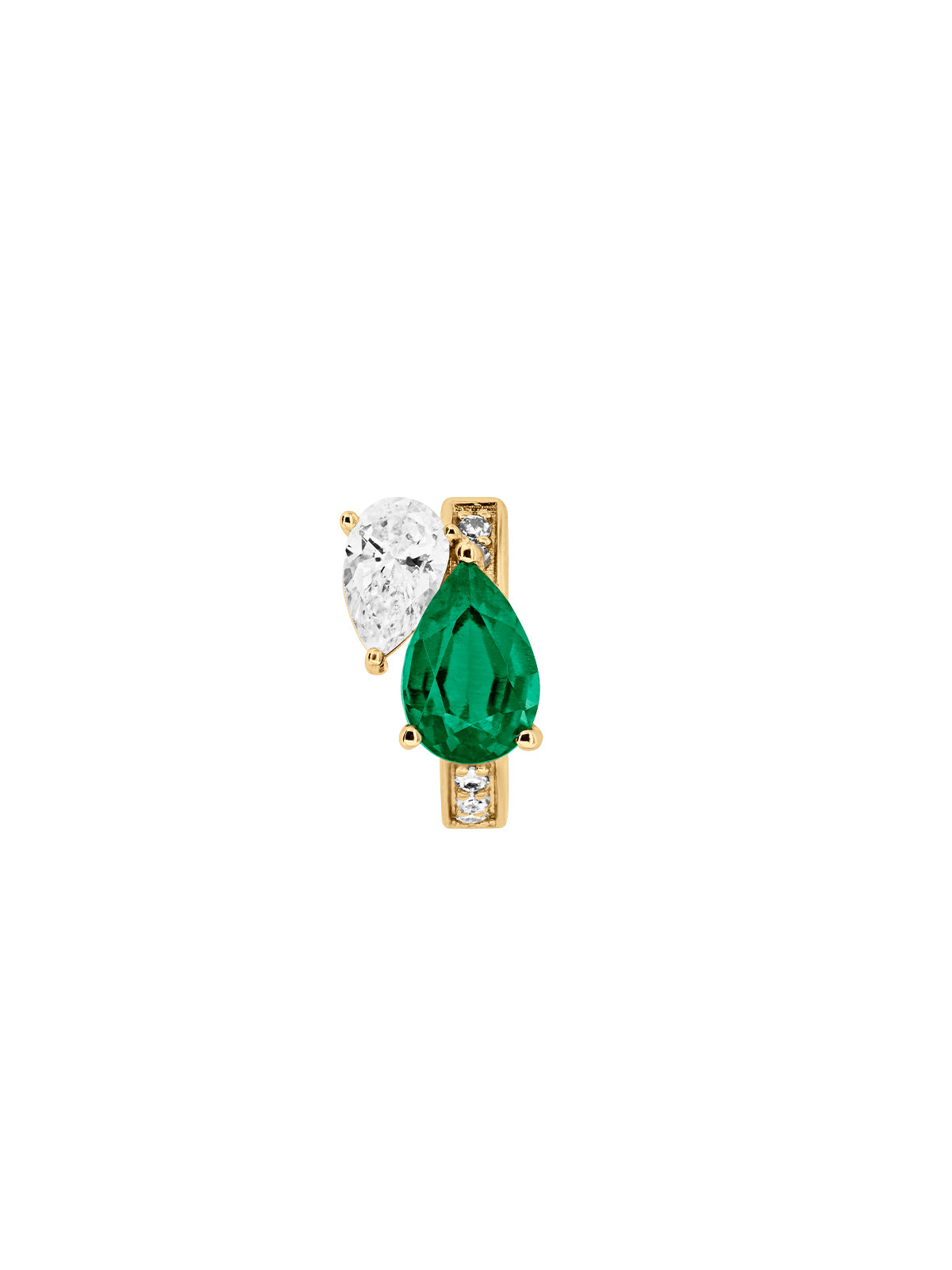 14K YELLOW GOLD PEAR LAB EMERALD AND PETITE LAB DIAMOND HUGGIE
