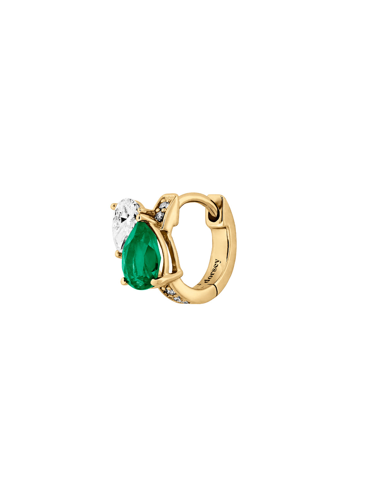 14K YELLOW GOLD PEAR LAB EMERALD AND PETITE LAB DIAMOND HUGGIE