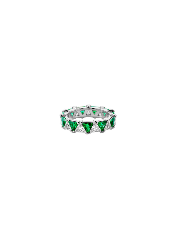 THEODORA DOUBLE TRILLION, LAB-GROWN WHITE SAPPHIRE AND EMERALD RING, SILVER