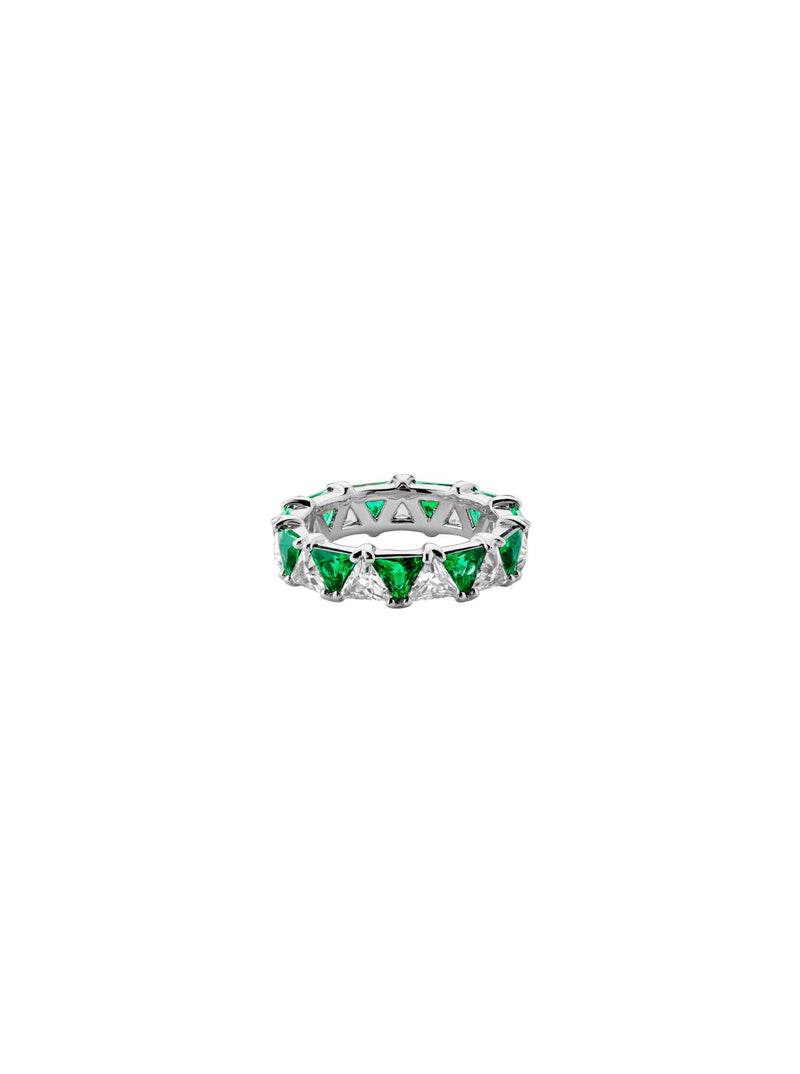 THEODORA DOUBLE TRILLION, LAB-GROWN WHITE SAPPHIRE AND EMERALD RING, SILVER