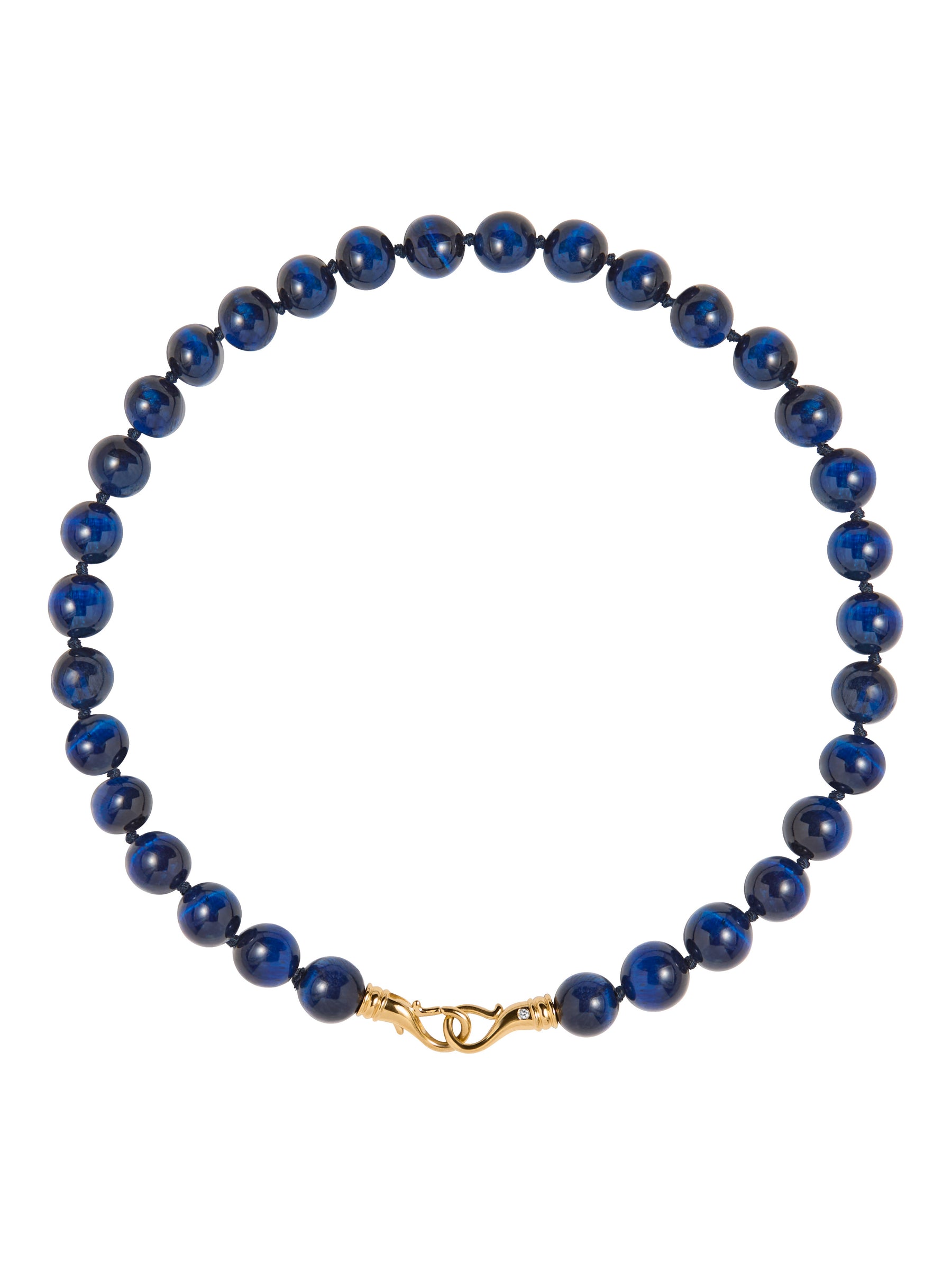BLUE TIGER'S EYE BEAD & HOOK NECKLACE, GOLD