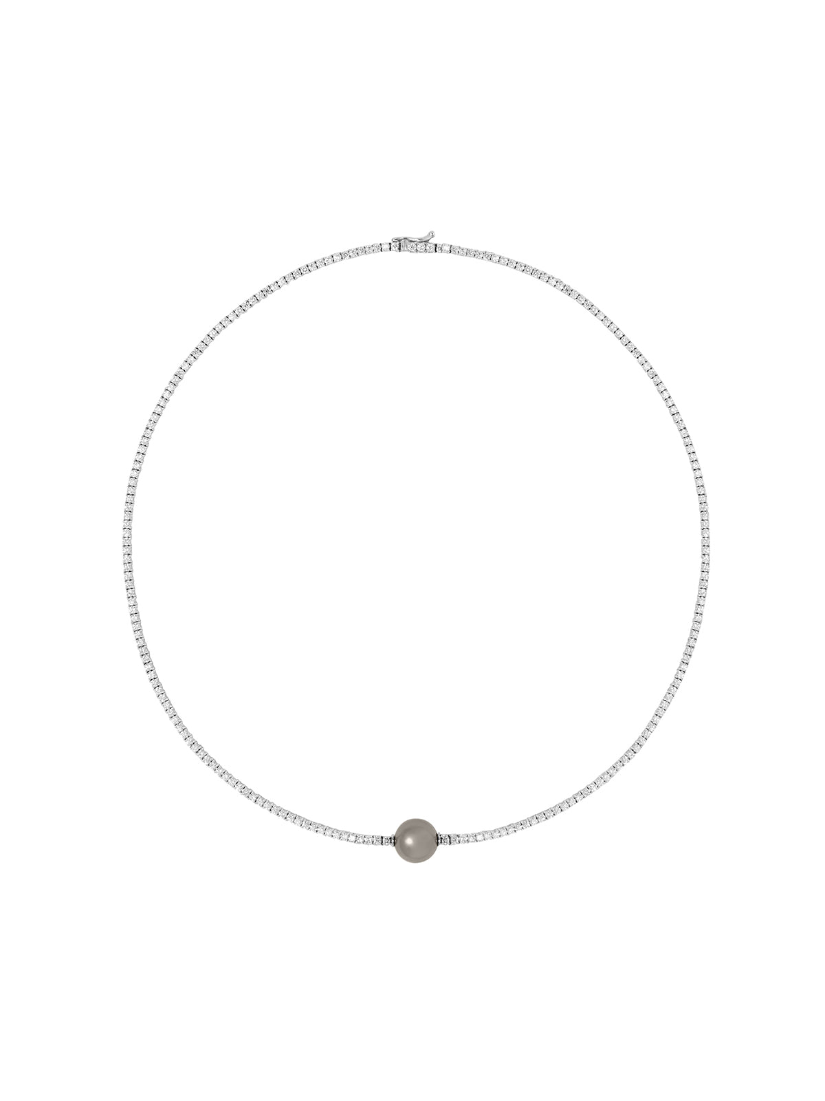 14K WHITE GOLD 1.8MM LAB DIAMOND AND BLACK PEARL RIVIÈRE NECKLACE