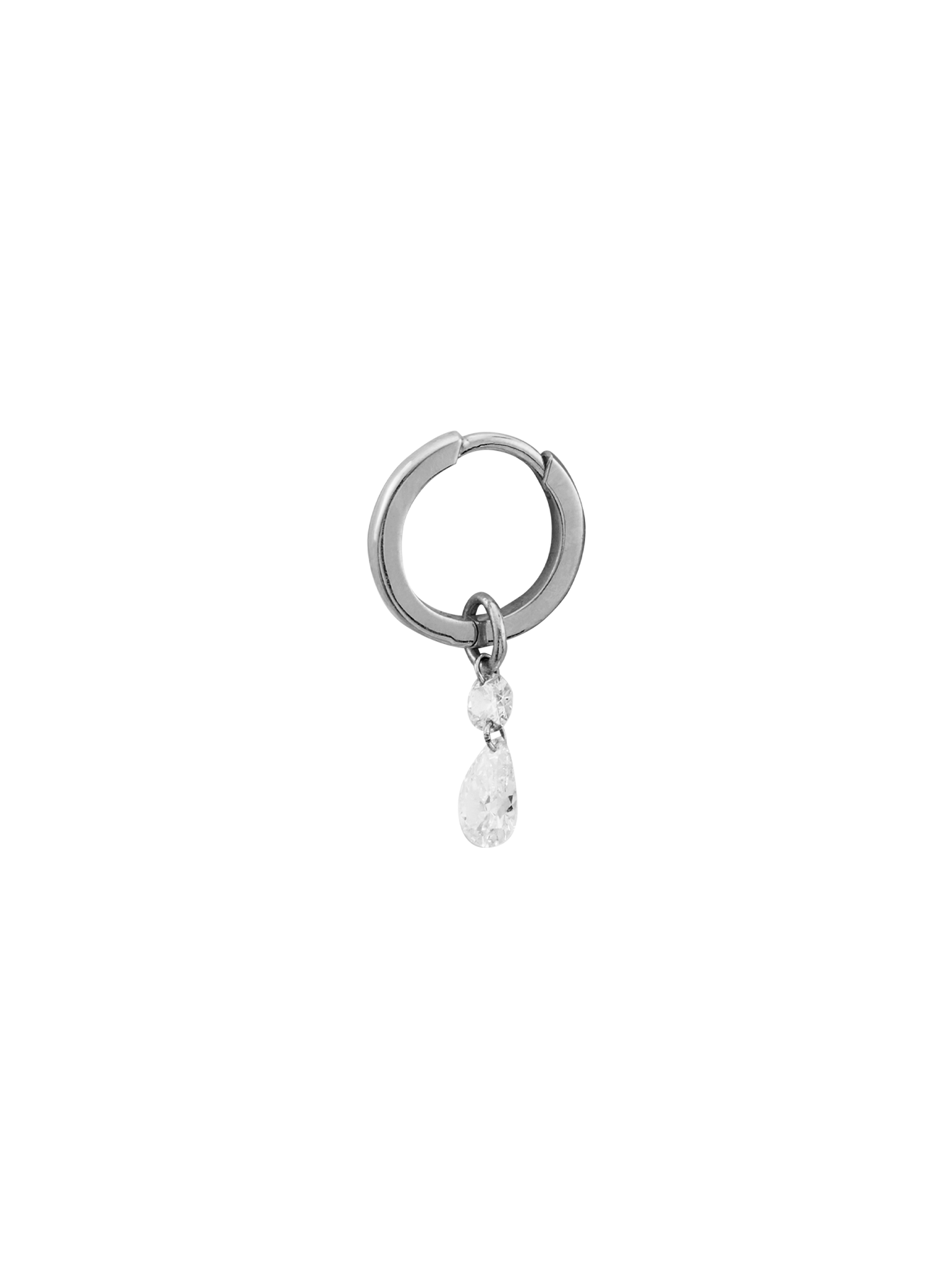 14K HUGGIE EARRING WITH FLOATING ROUND AND PEAR-CUT CHARM IN LAB DIAMOND