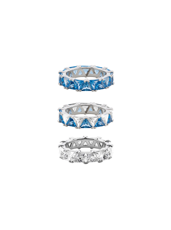 THEODORA DOUBLE TRILLION BLUE TOPAZ SPINEL RING STACK, SILVER
