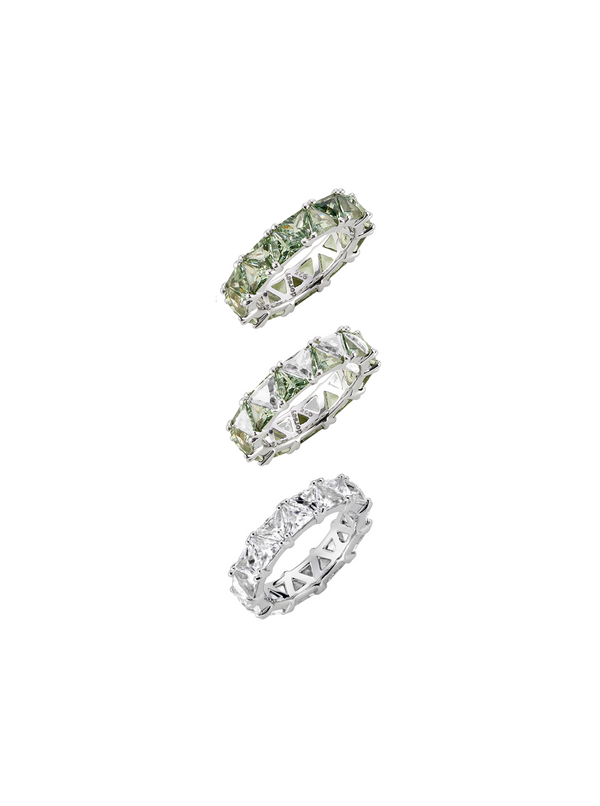 THEODORA DOUBLE TRILLION LIGHT GREEN SPINEL RING STACK, SILVER
