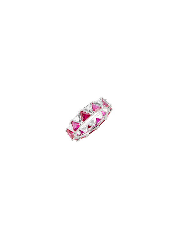 THEODORA DOUBLE TRILLION, LAB-GROWN WHITE AND RED SAPPHIRE RING, SILVER