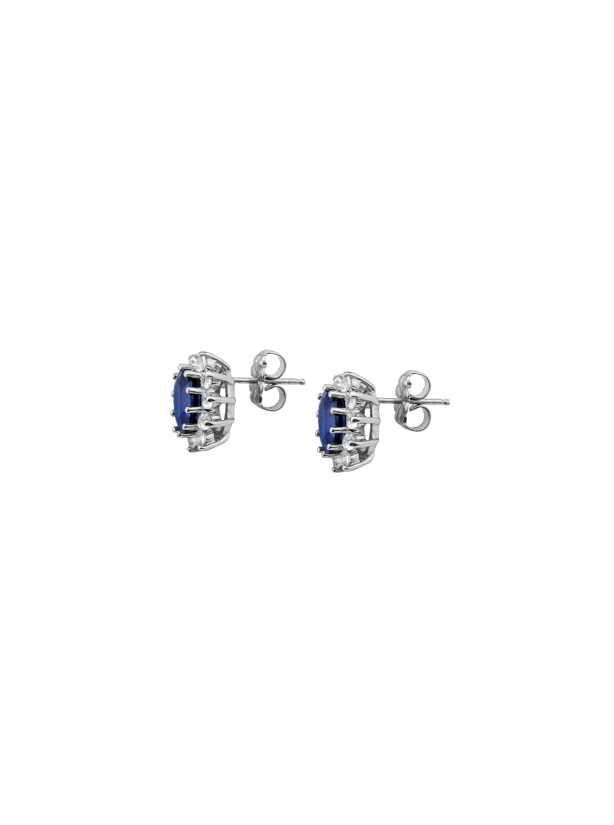 PETITE SPENCER STUD EARRINGS IN LAB BLUE SAPPHIRE AND LAB WHITE SAPPHIRE