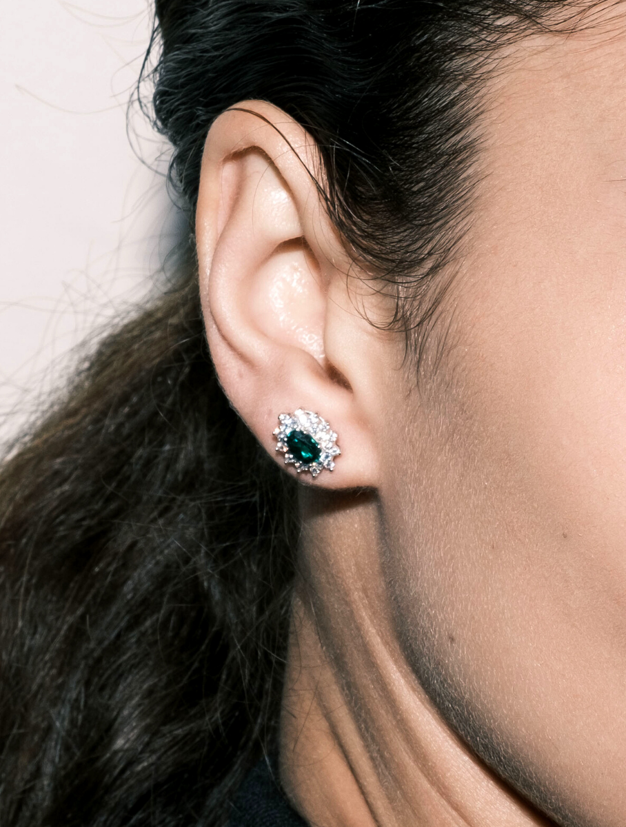 LOUISE STUD EARRINGS IN LAB EMERALD AND LAB WHITE SAPPHIRE