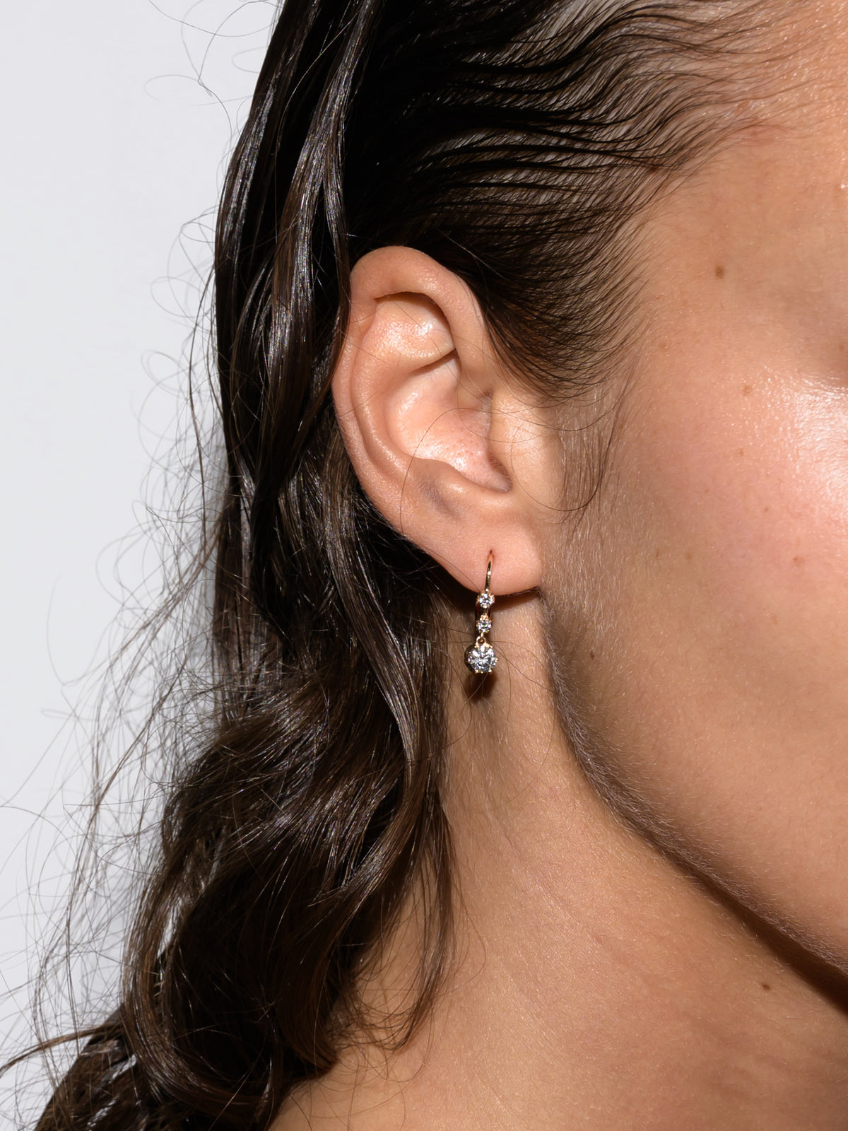 14K HENRIETTA 3-STONE DROP EARRINGS IN LAB DIAMOND
