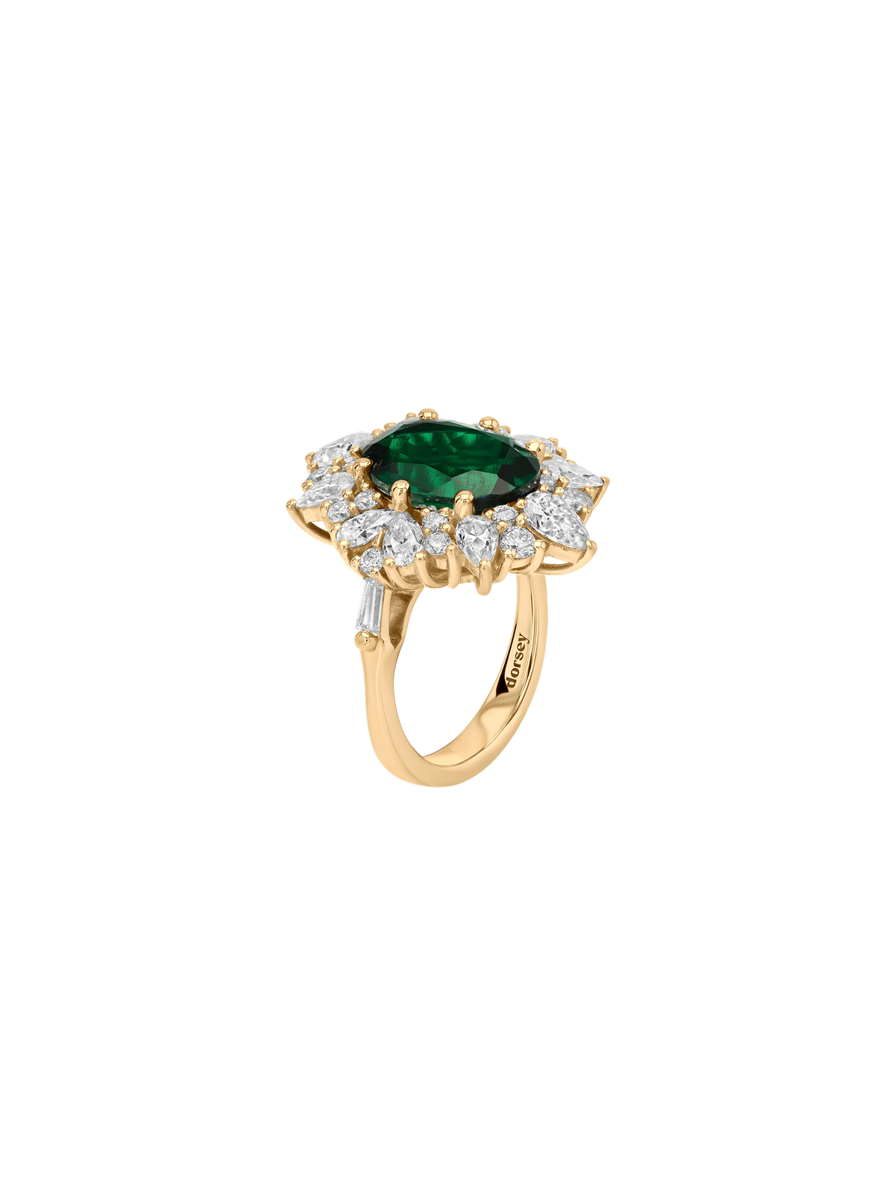 14K HOUGHTON RING IN DEEP LAB EMERALD AND LAB DIAMOND, 14K YELLOW GOLD
