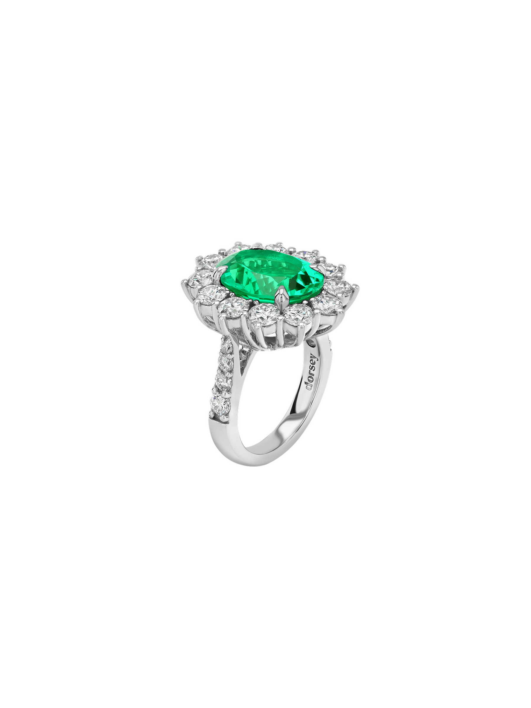 14K SPENCER RING IN LAB EMERALD AND LAB DIAMOND, 14K WHITE GOLD