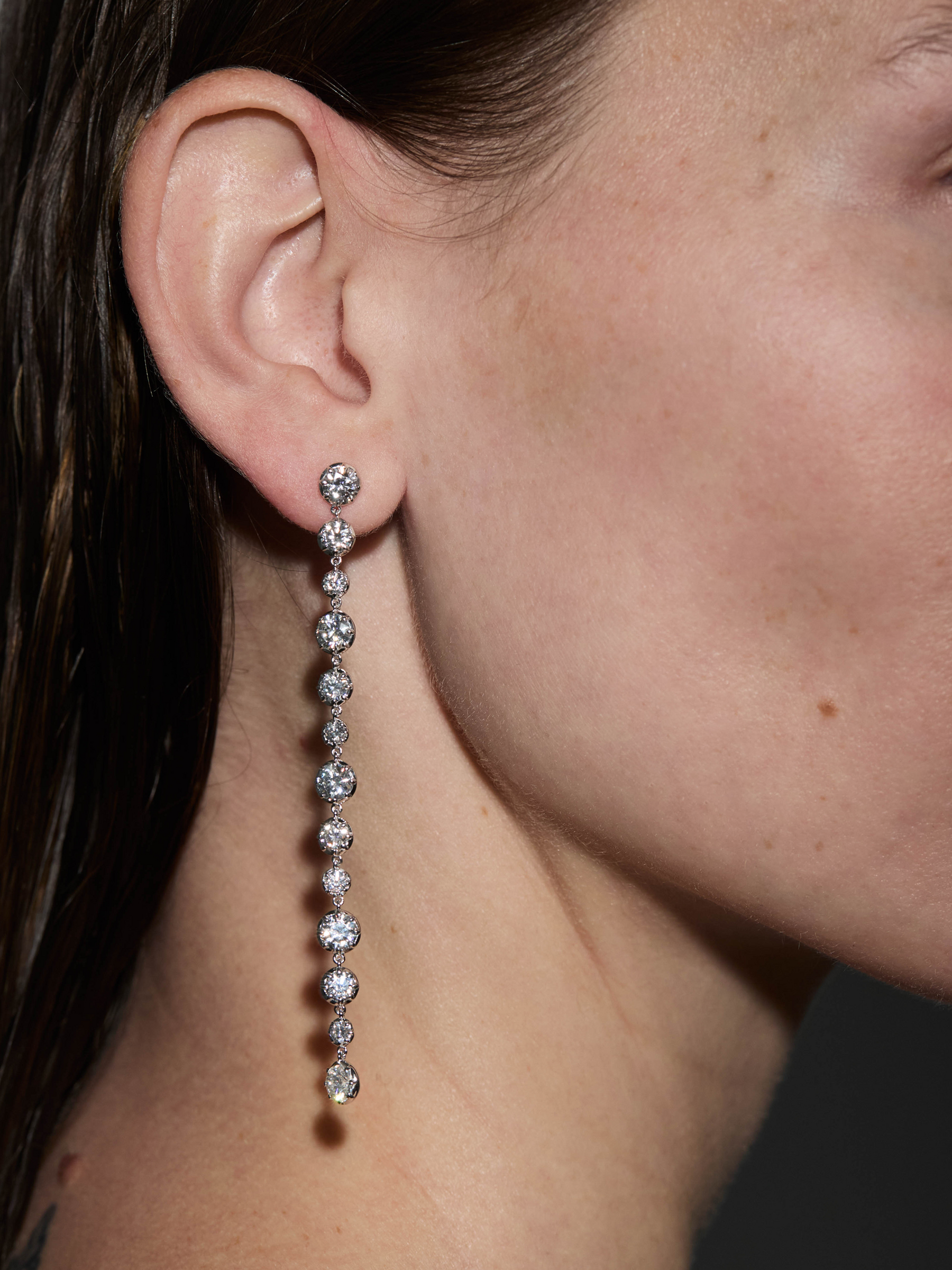 LONG SYLVIE RIVIÈRE DROP EARRINGS IN MOISSANITE, GOLD VERMEIL WITH WHITE RHODIUM BEZEL