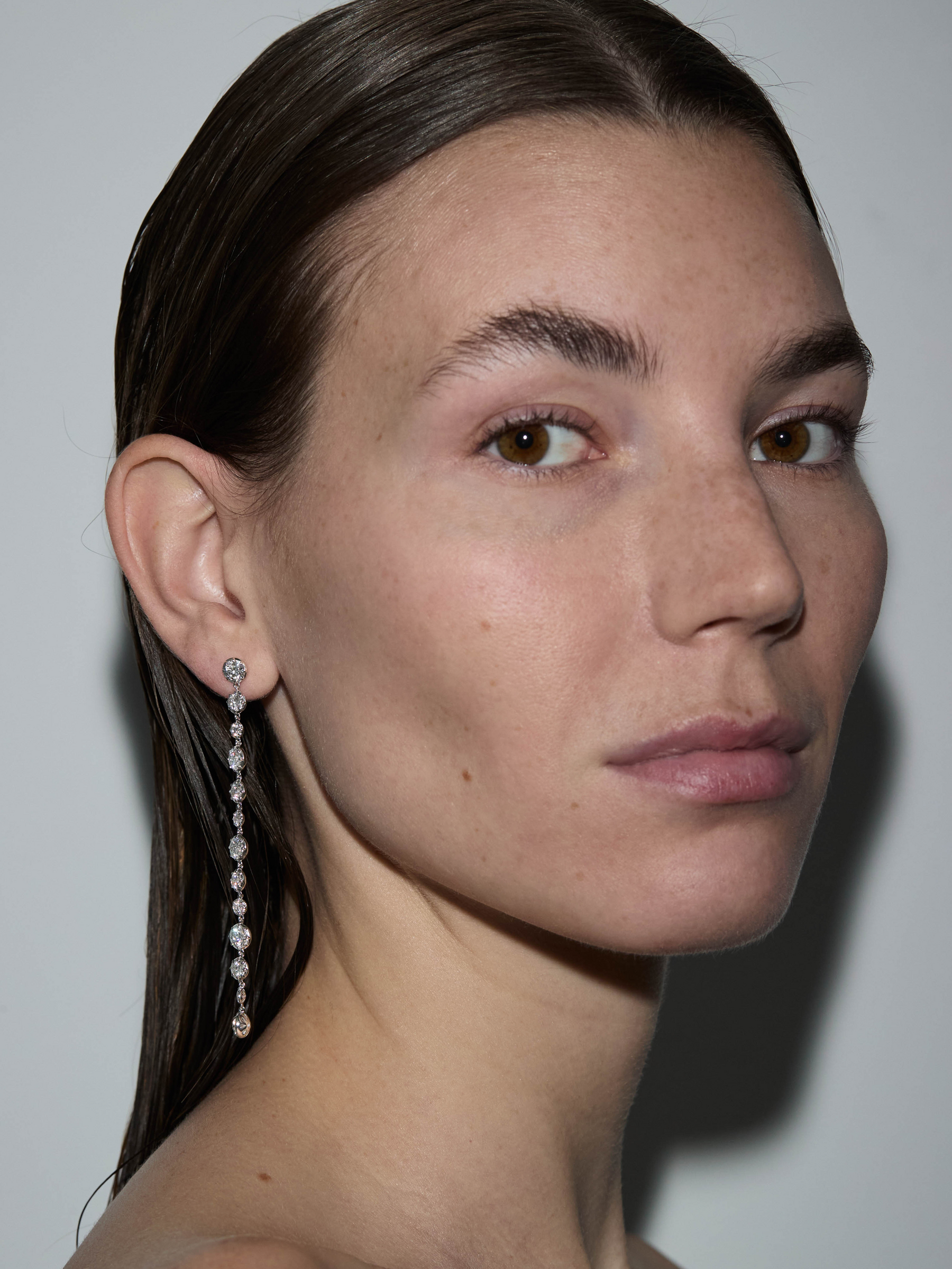 LONG SYLVIE RIVIÈRE DROP EARRINGS IN MOISSANITE, GOLD VERMEIL WITH WHITE RHODIUM BEZEL