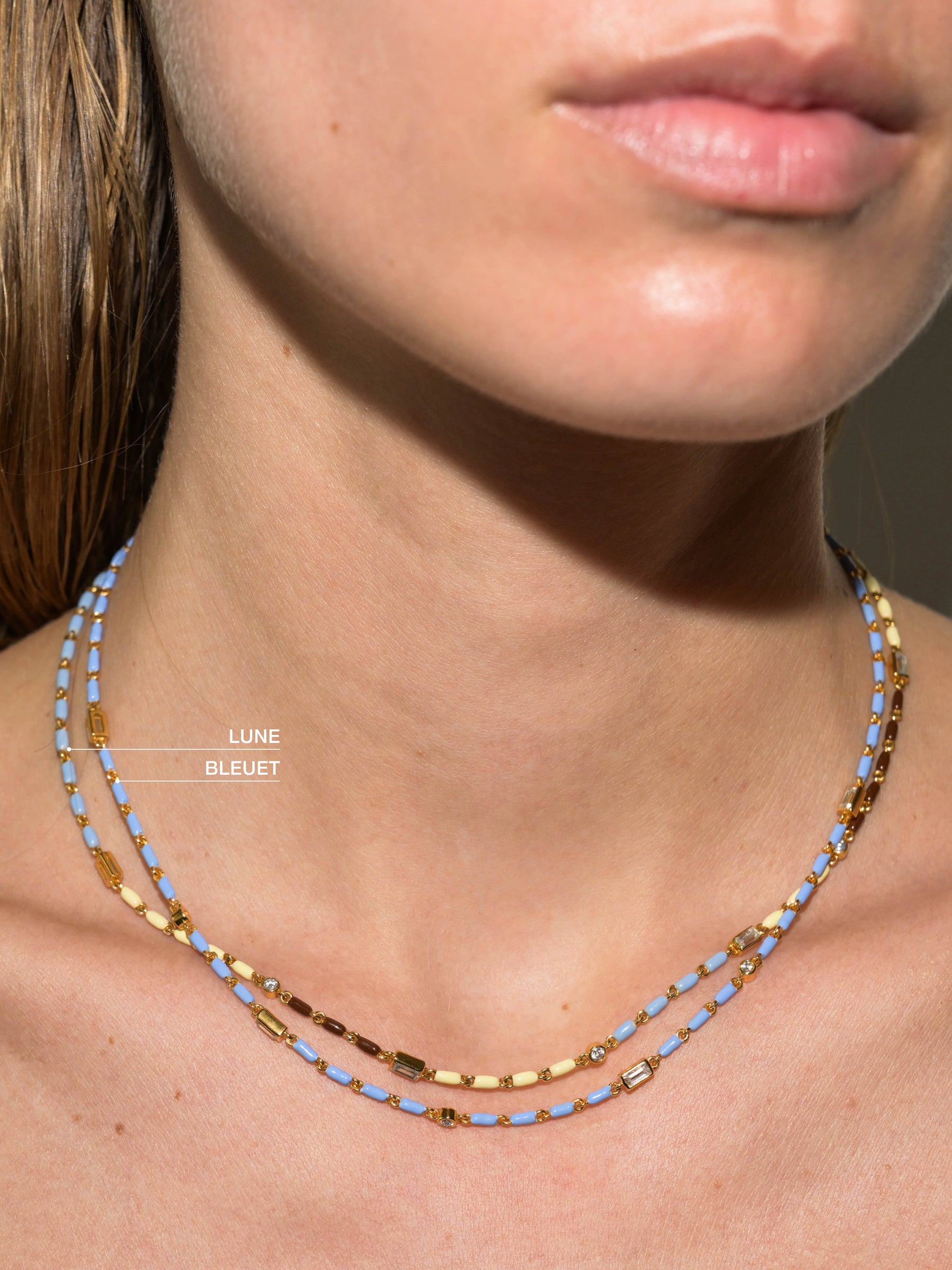 ENAMEL MOISSANITE NECKLACE IN BLEUET, 18K GOLD VERMEIL