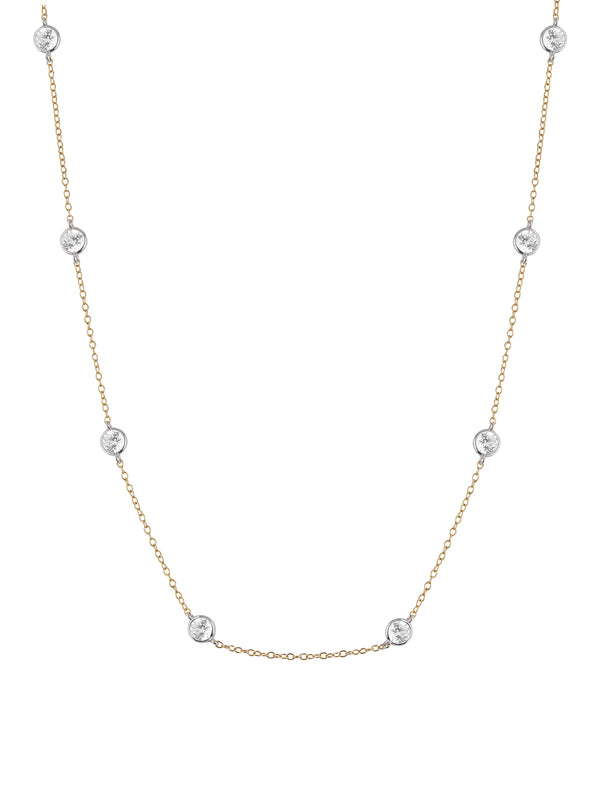 CLEMENCE, LAB WHITE SAPPHIRE 8 STONE TWO-TONE STRAND NECKLACE, GOLD AND SILVER