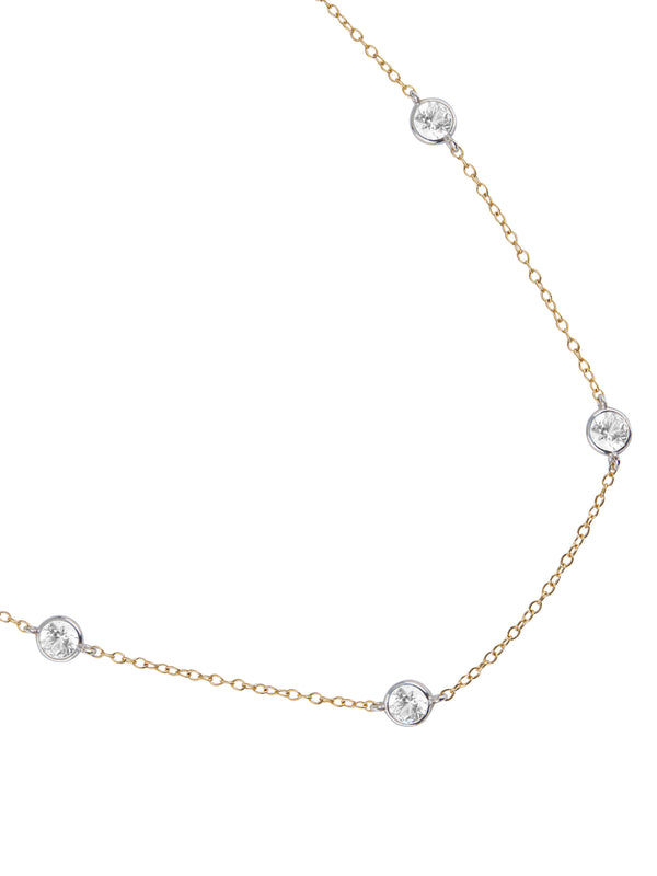 CLEMENCE, LAB WHITE SAPPHIRE 8 STONE TWO-TONE STRAND NECKLACE, GOLD AND SILVER