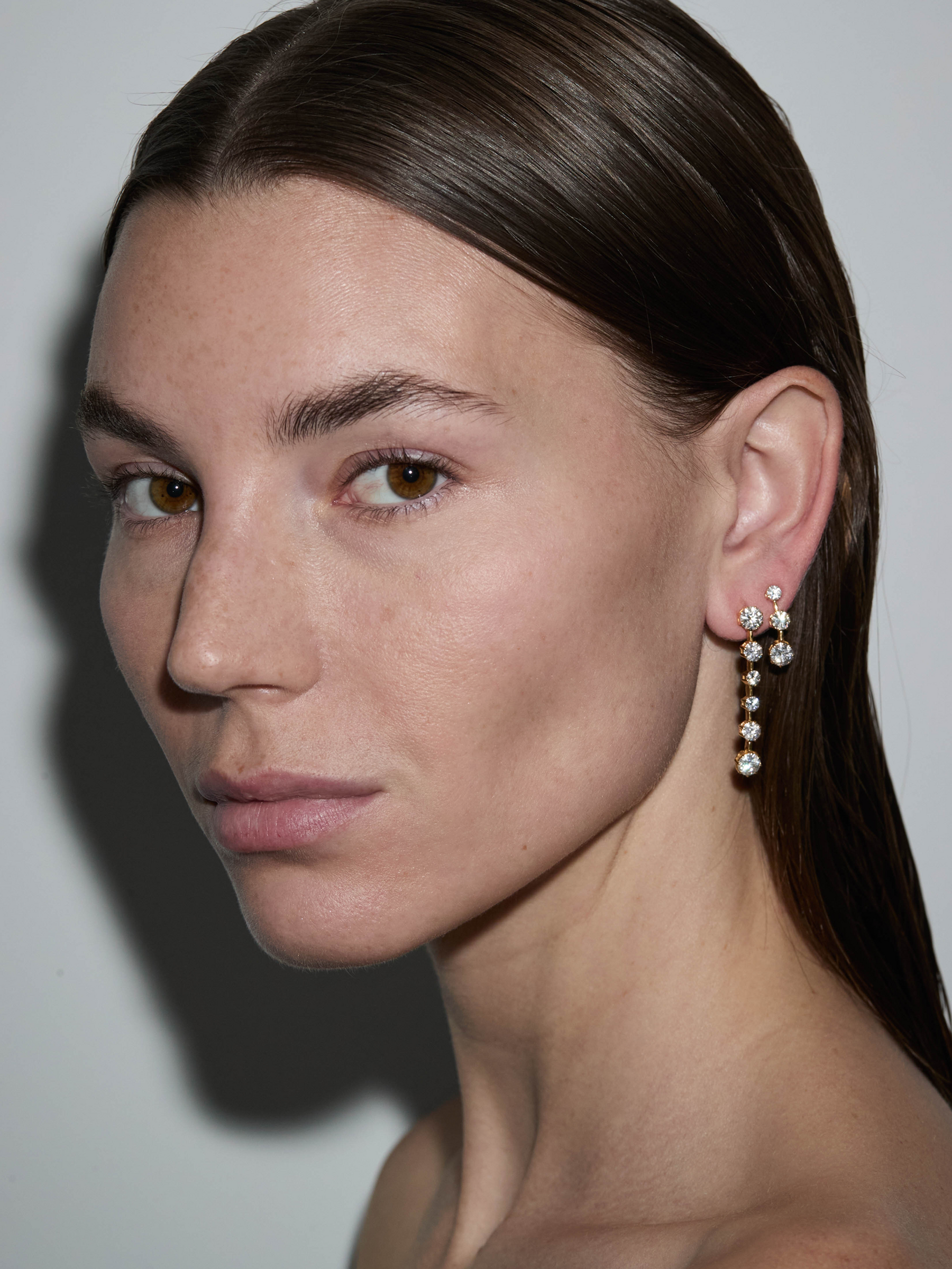 COLETTE 3-STONE DROP EARRINGS IN MOISSANITE, GOLD VERMEIL