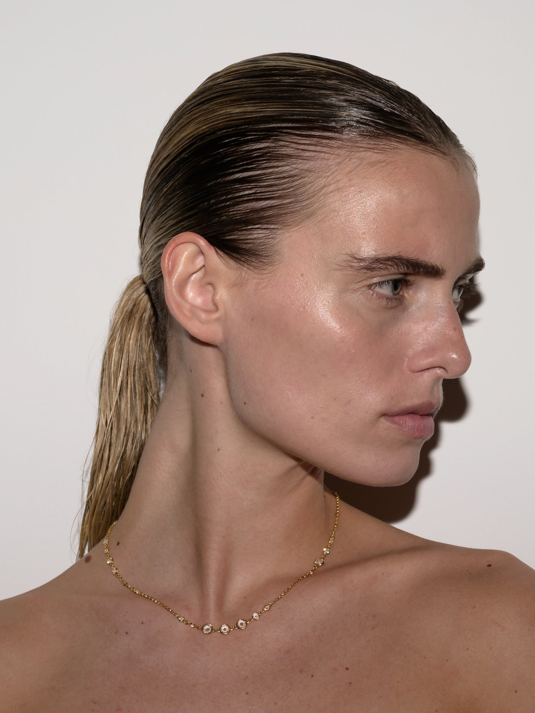 GRADUATED CLEMENCE NECKLACE, LAB WHITE SAPPHIRE, GOLD