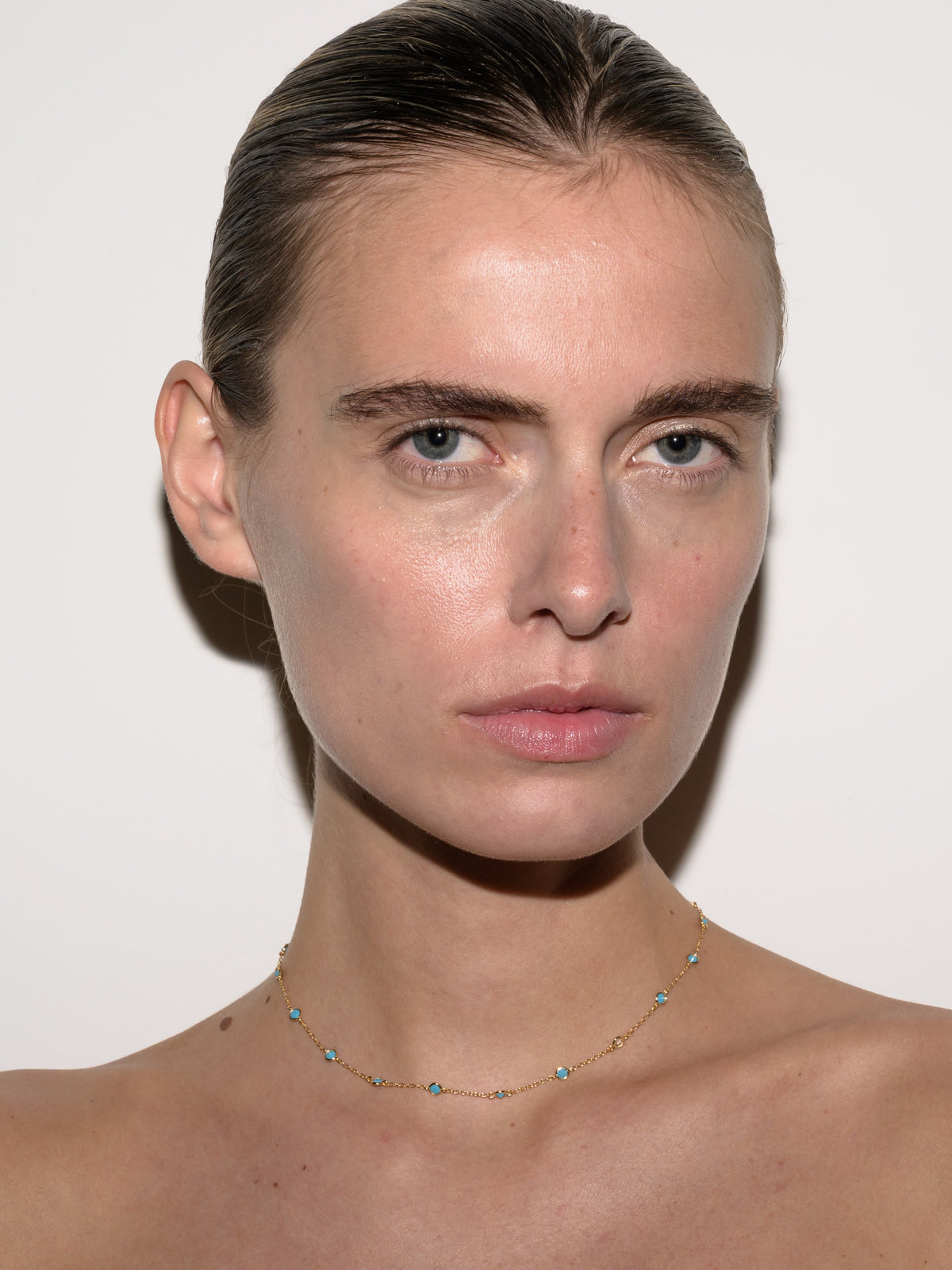 CLEMENCE, NANO TURQUOISE AND LAB DIAMOND 15 STONE STRAND NECKLACE, GOLD