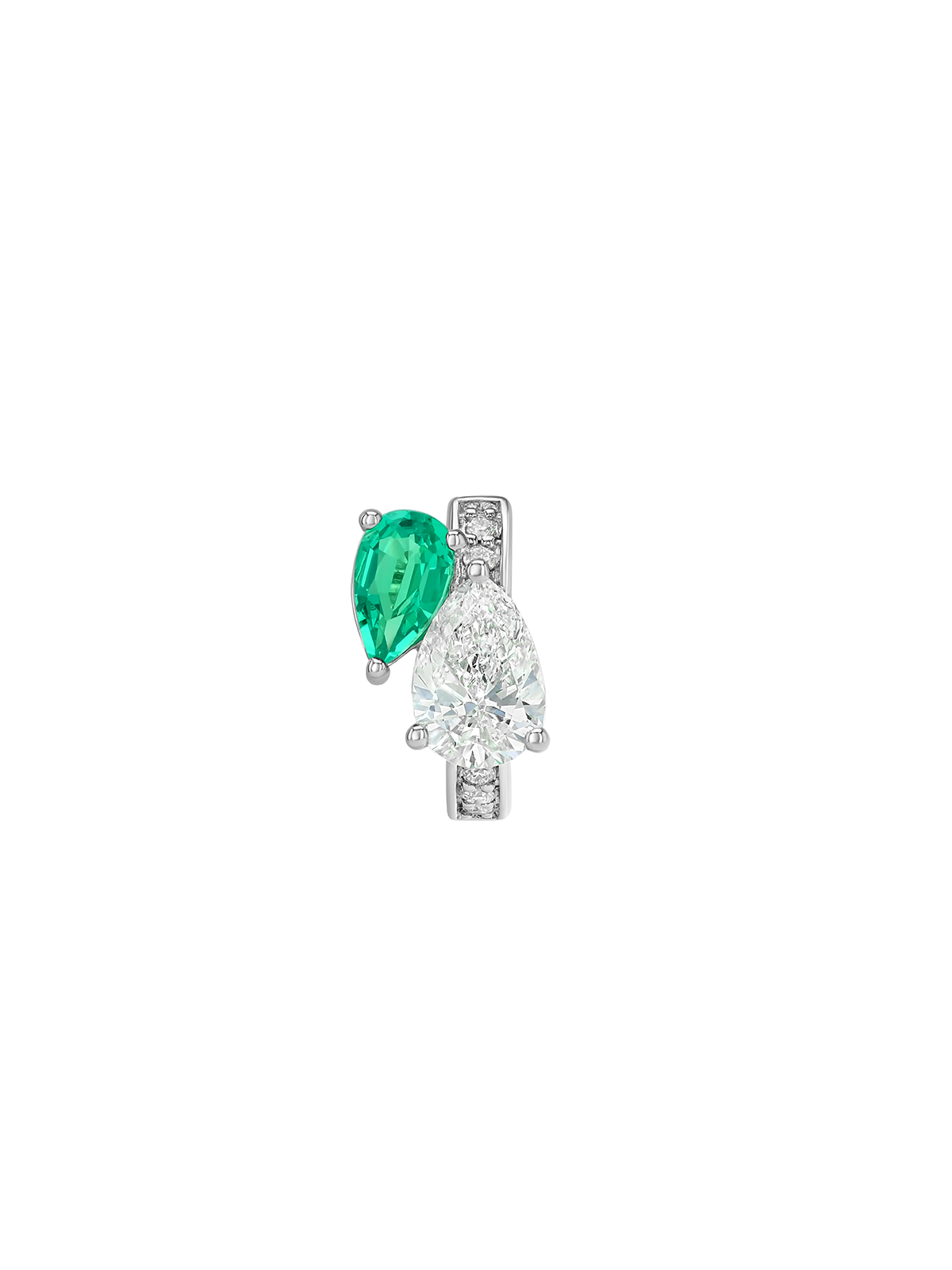 14K DOUBLE PEAR-CUT HUGGIE EARRING IN LAB DIAMOND AND PETITE LAB EMERALD, 14K WHITE GOLD