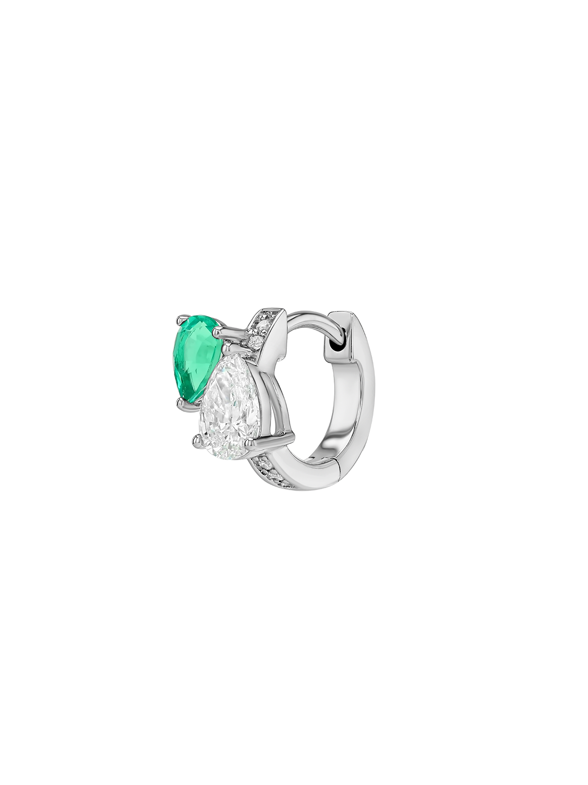 14K DOUBLE PEAR-CUT HUGGIE EARRING IN LAB DIAMOND AND PETITE LAB EMERALD, 14K WHITE GOLD