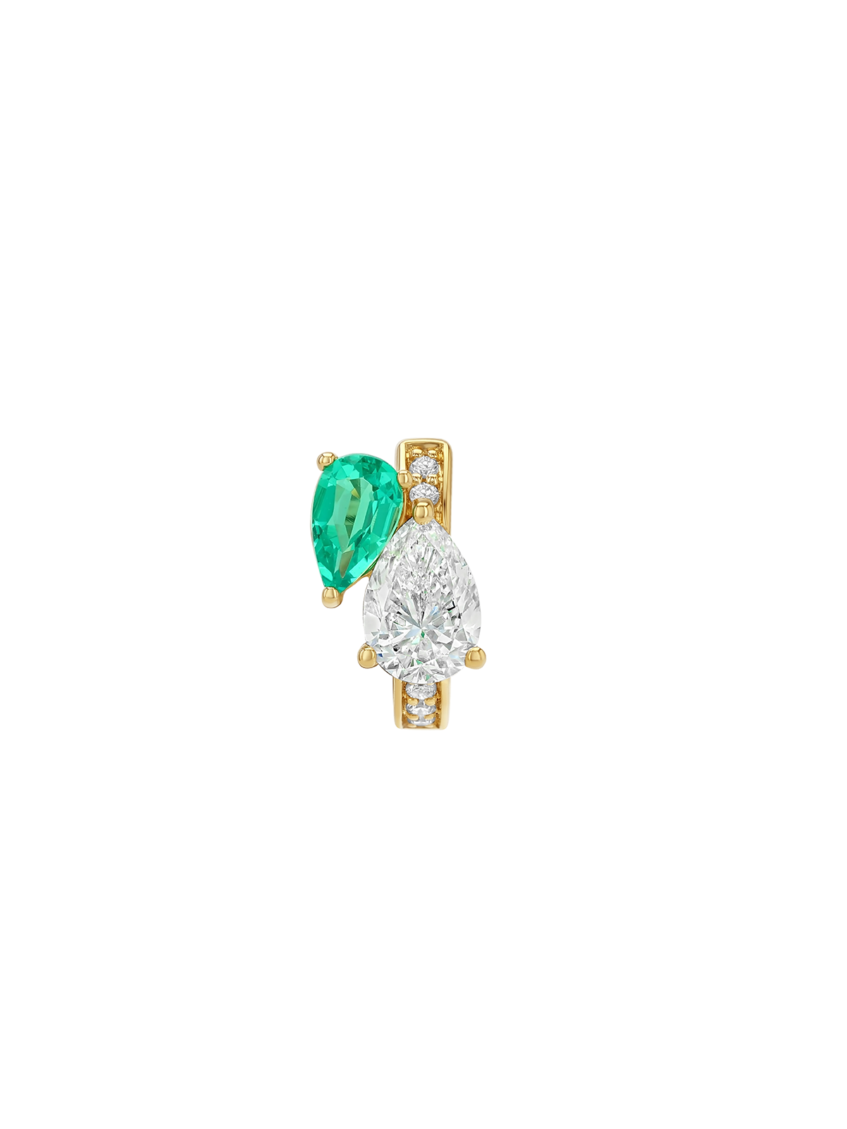 14K DOUBLE PEAR-CUT HUGGIE EARRING IN LAB DIAMOND AND PETITE LAB EMERALD, 14K YELLOW GOLD