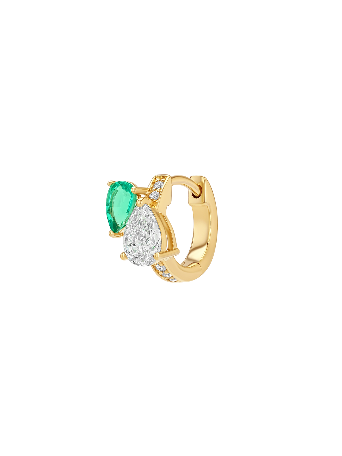 14K DOUBLE PEAR-CUT HUGGIE EARRING IN LAB DIAMOND AND PETITE LAB EMERALD, 14K YELLOW GOLD