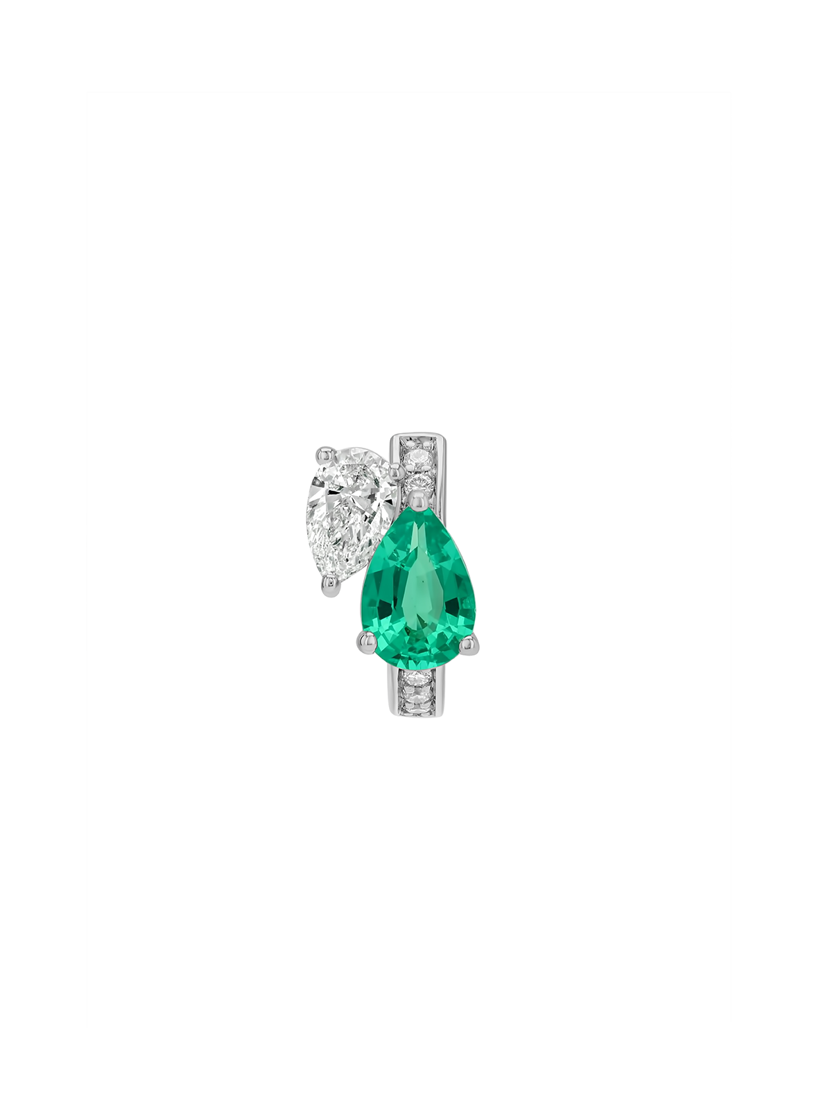 14K DOUBLE PEAR-CUT HUGGIE EARRING IN LAB EMERALD AND PETITE LAB DIAMOND, 14K WHITE GOLD