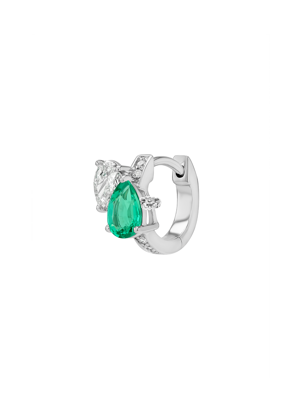 14K DOUBLE PEAR-CUT HUGGIE EARRING IN LAB EMERALD AND PETITE LAB DIAMOND, 14K WHITE GOLD