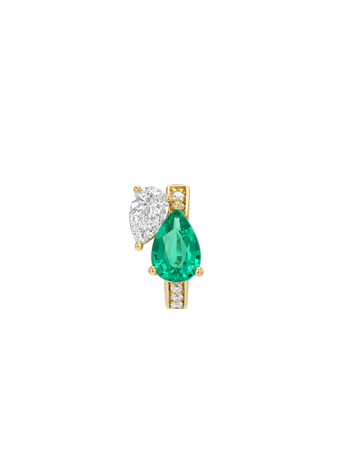 14K DOUBLE PEAR-CUT HUGGIE EARRING IN LAB EMERALD AND PETITE LAB DIAMOND, 14K YELLOW GOLD