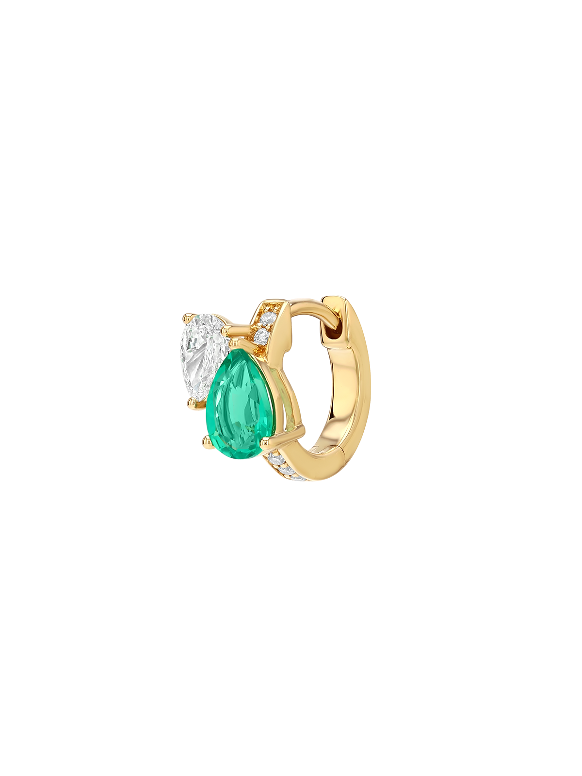14K DOUBLE PEAR-CUT HUGGIE EARRING IN LAB EMERALD AND PETITE LAB DIAMOND, 14K YELLOW GOLD