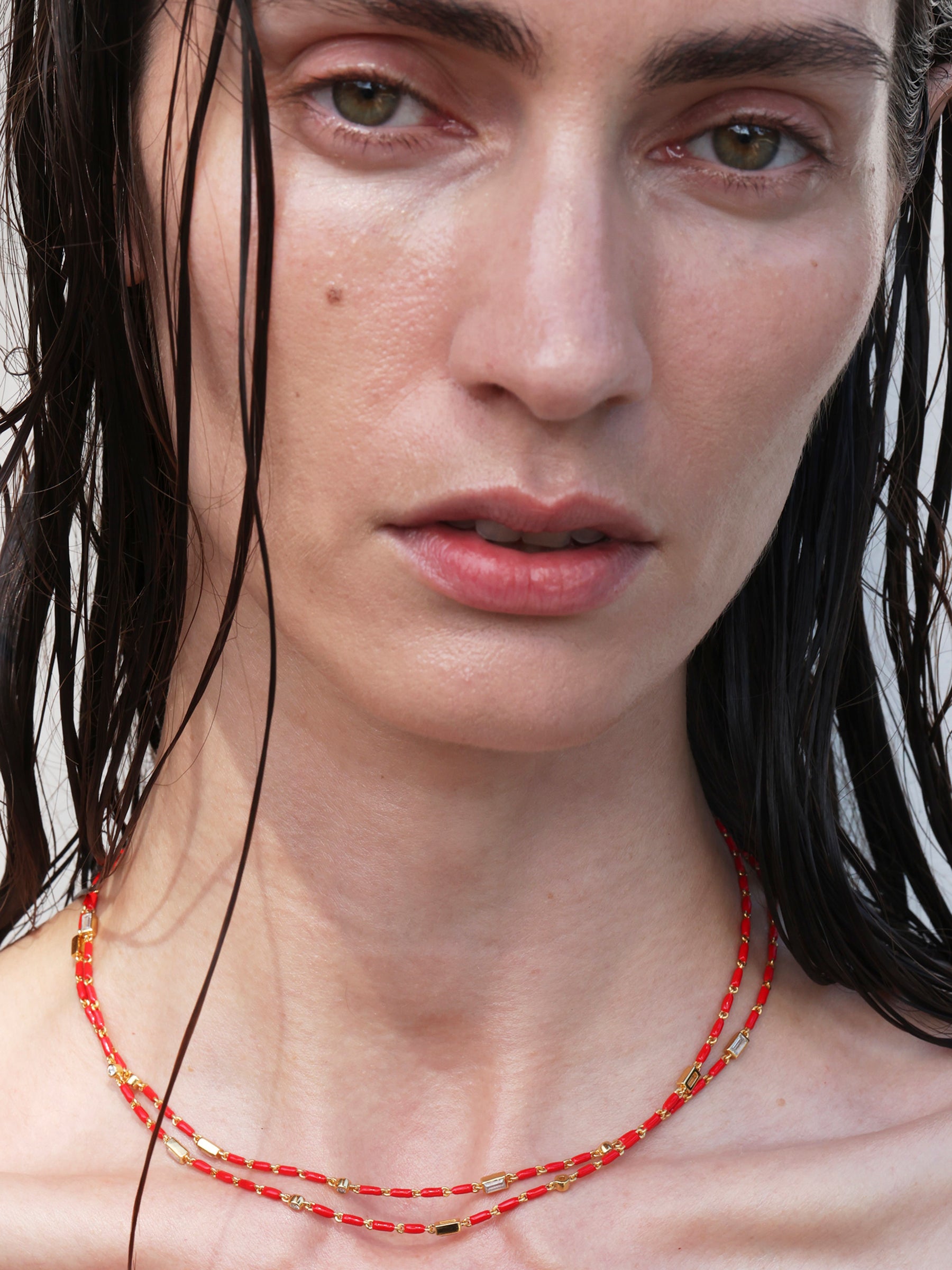 ENAMEL MOISSANITE NECKLACE IN CERISE, 18K GOLD VERMEIL