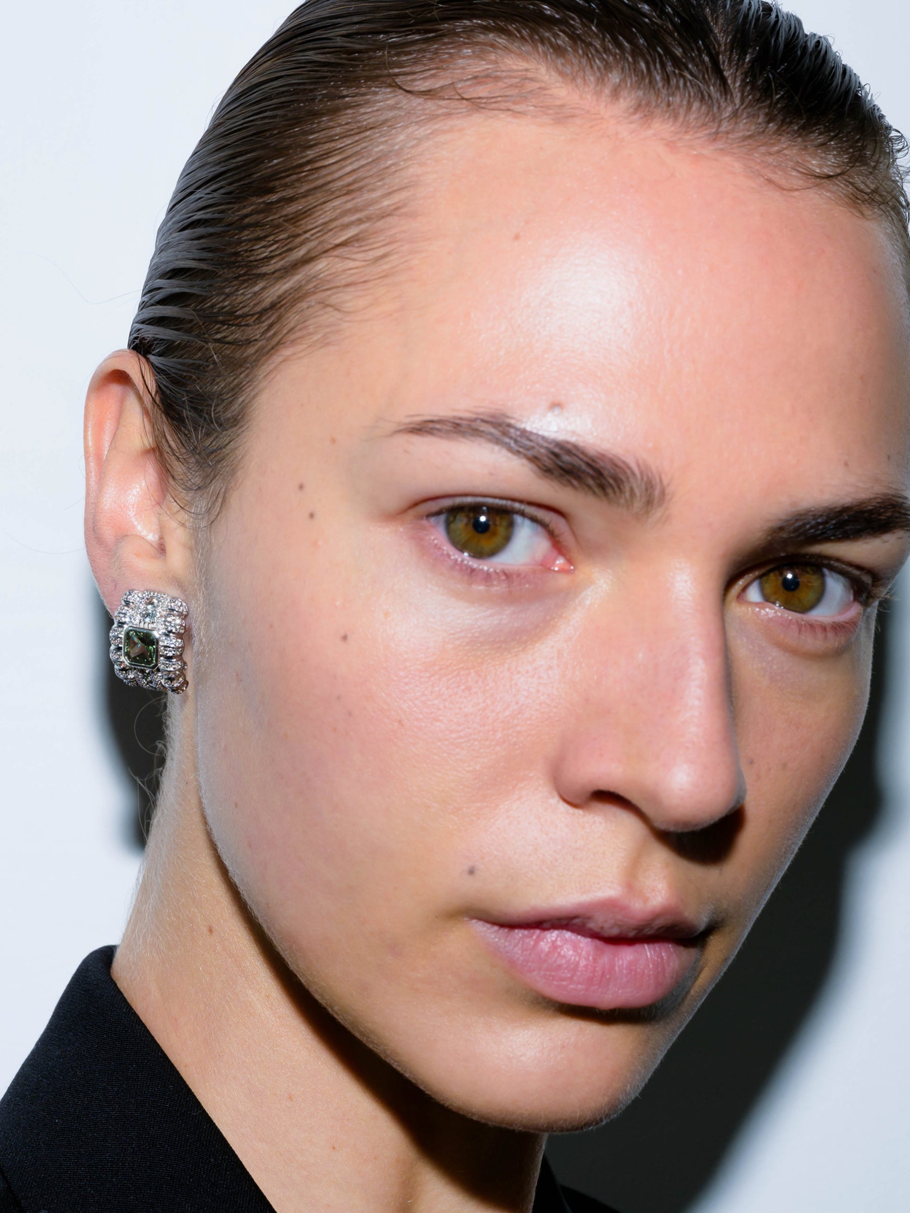 CRAWFORD ASSCHER CUT LIGHT GREEN SPINEL EARRINGS